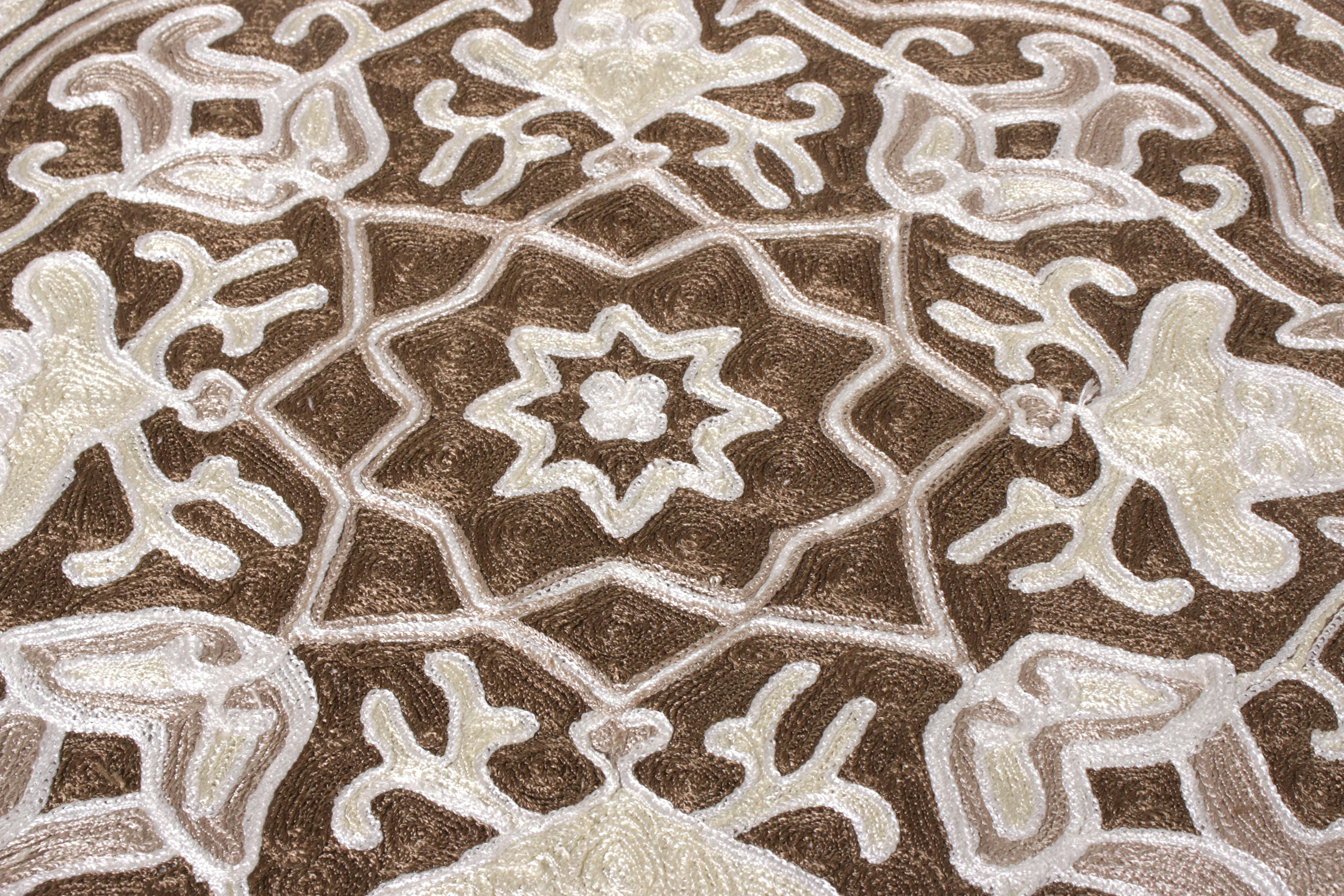 Hand-Knotted Rug & Kilim’s Handwoven Chain Stitch Pattern in Brown and White For Sale