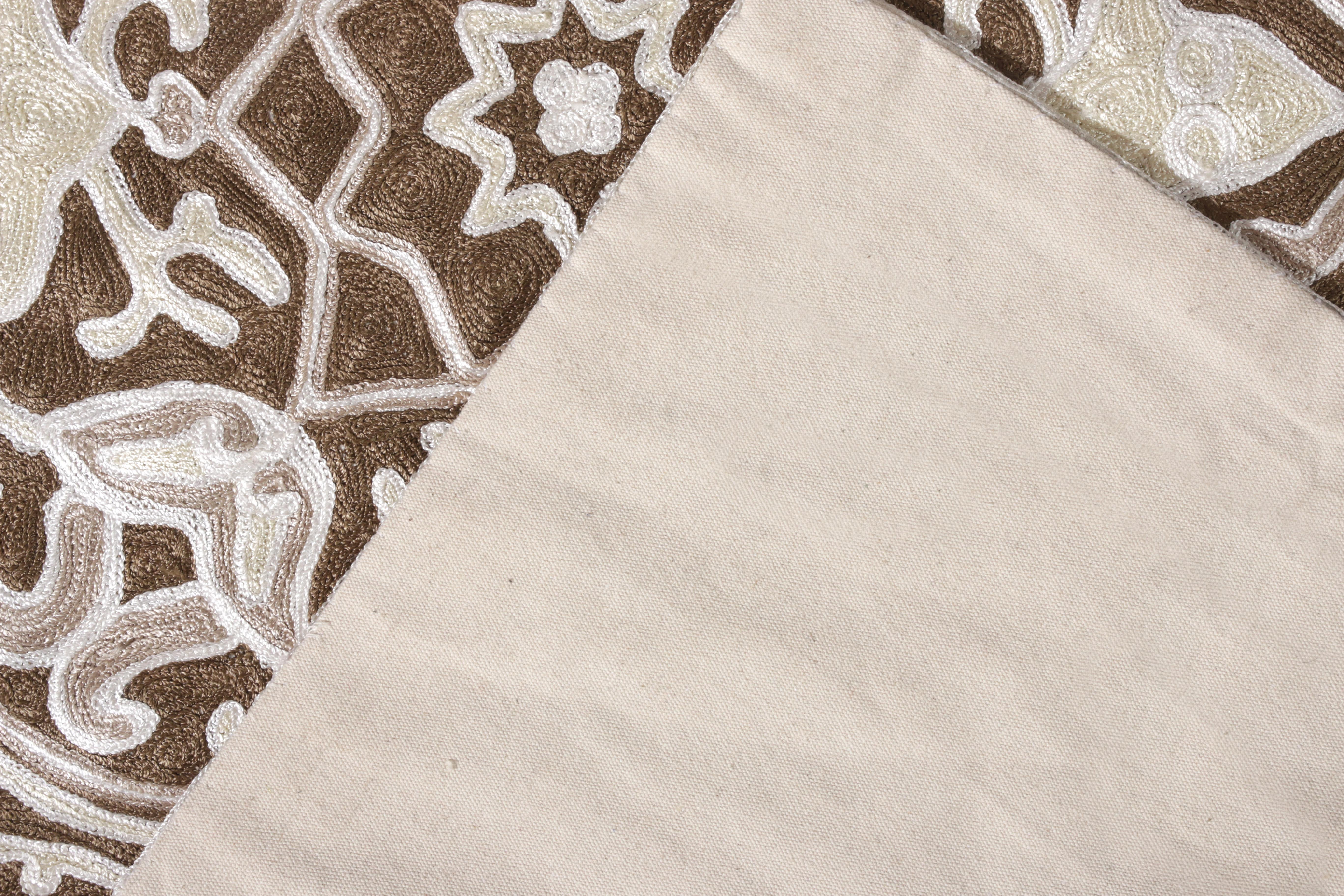 Contemporary Rug & Kilim’s Handwoven Chain Stitch Pattern in Brown and White For Sale