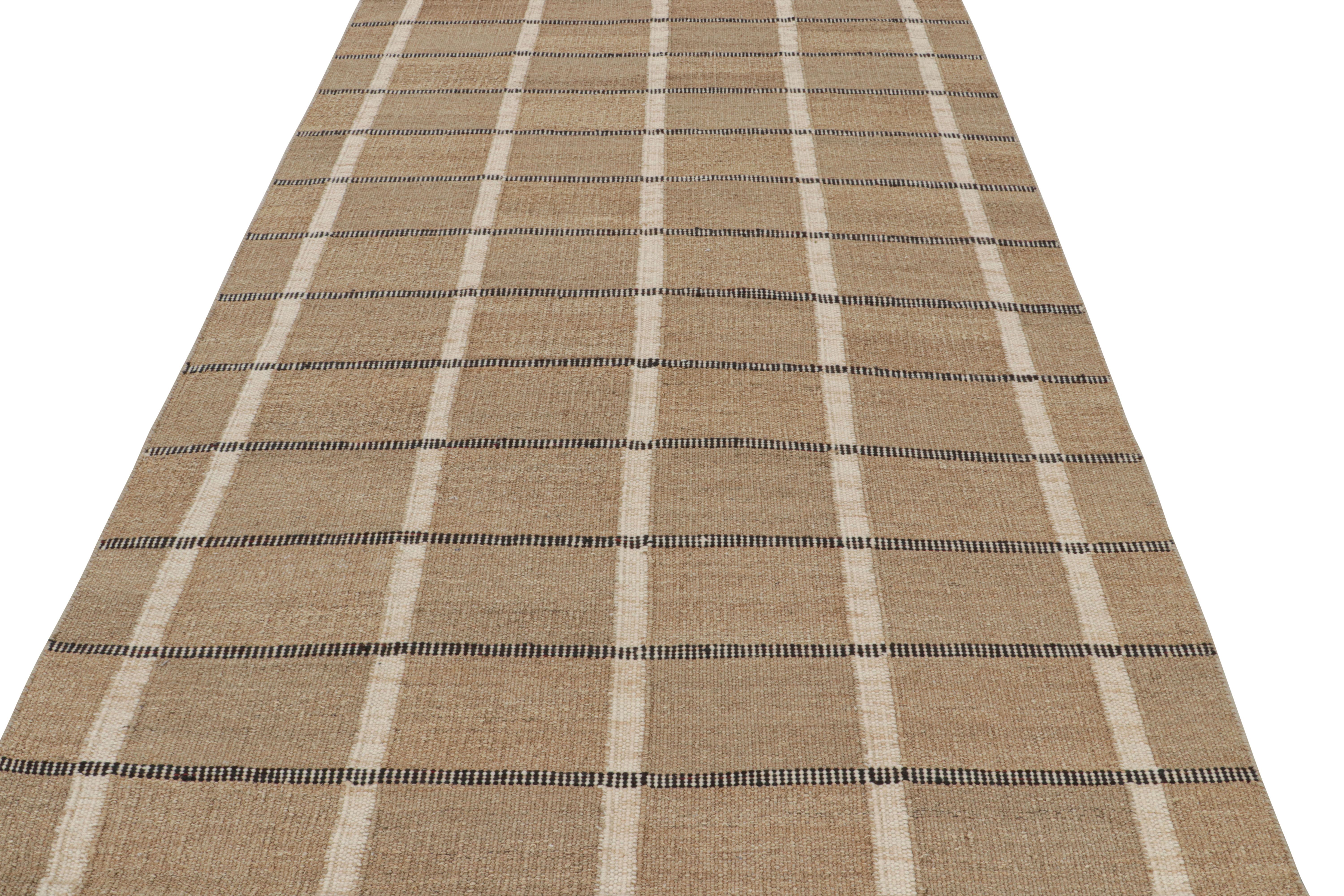 Indian Rug & Kilim’s Hemp Scandinavian Style Rug in Beige-Brown with Geometric Pattern For Sale
