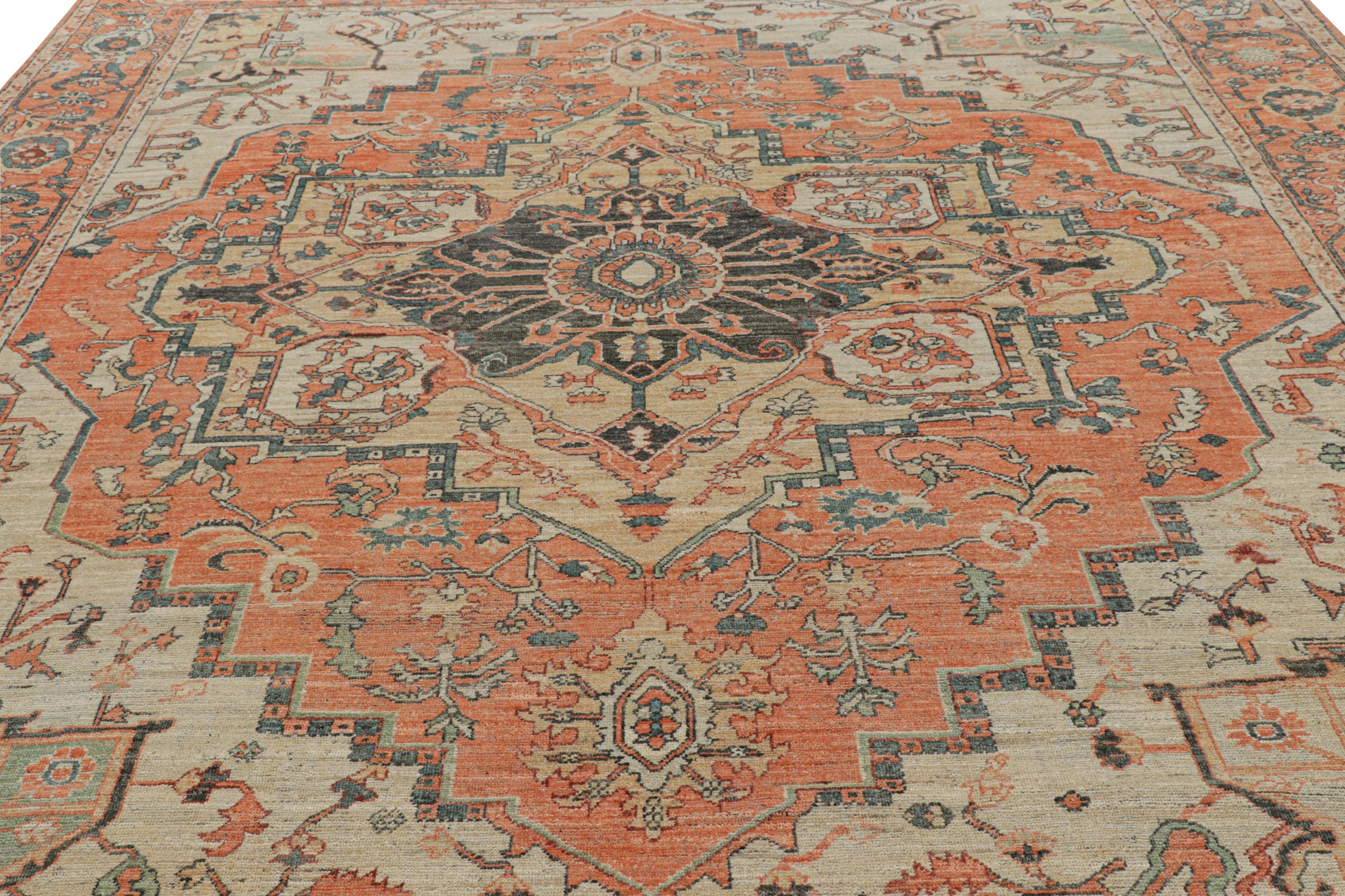 Anudada a mano en una mezcla especial de lana Gazni, esta alfombra de 10x12 es  Inspirada en las antiguas alfombras persas de procedencia Heriz y Serapi, conocidas por su legendaria belleza, es una nueva incorporación atrevida y emocionante a la