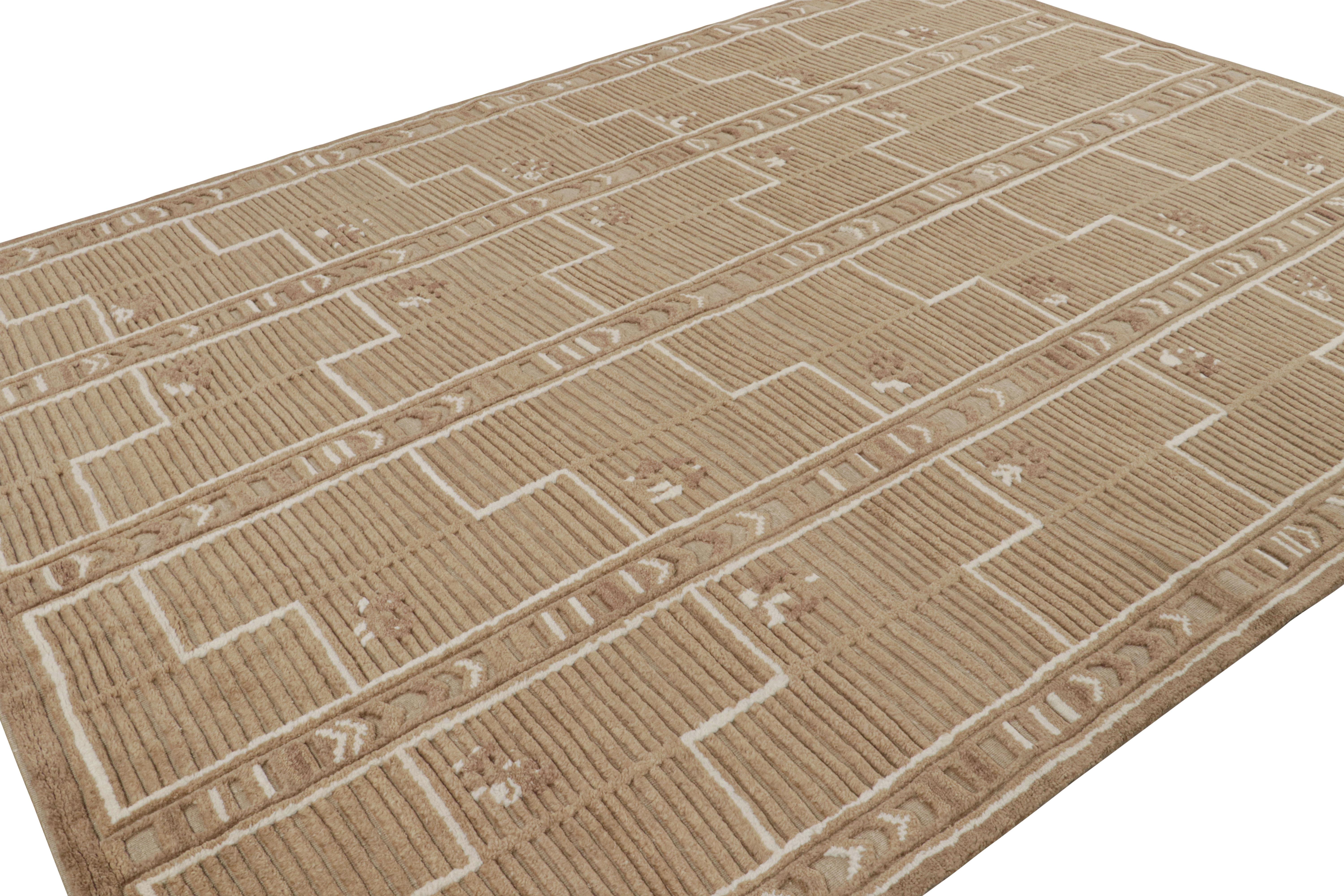 Hand-knotted in wool, this 9x12 Scandinavian rug is from our “High” line, named for its high-low texture married to the geometric patterns inspired by Swedish minimalist aesthetics. 

On the design: 

In this particular rug, beige-brown, taupe and