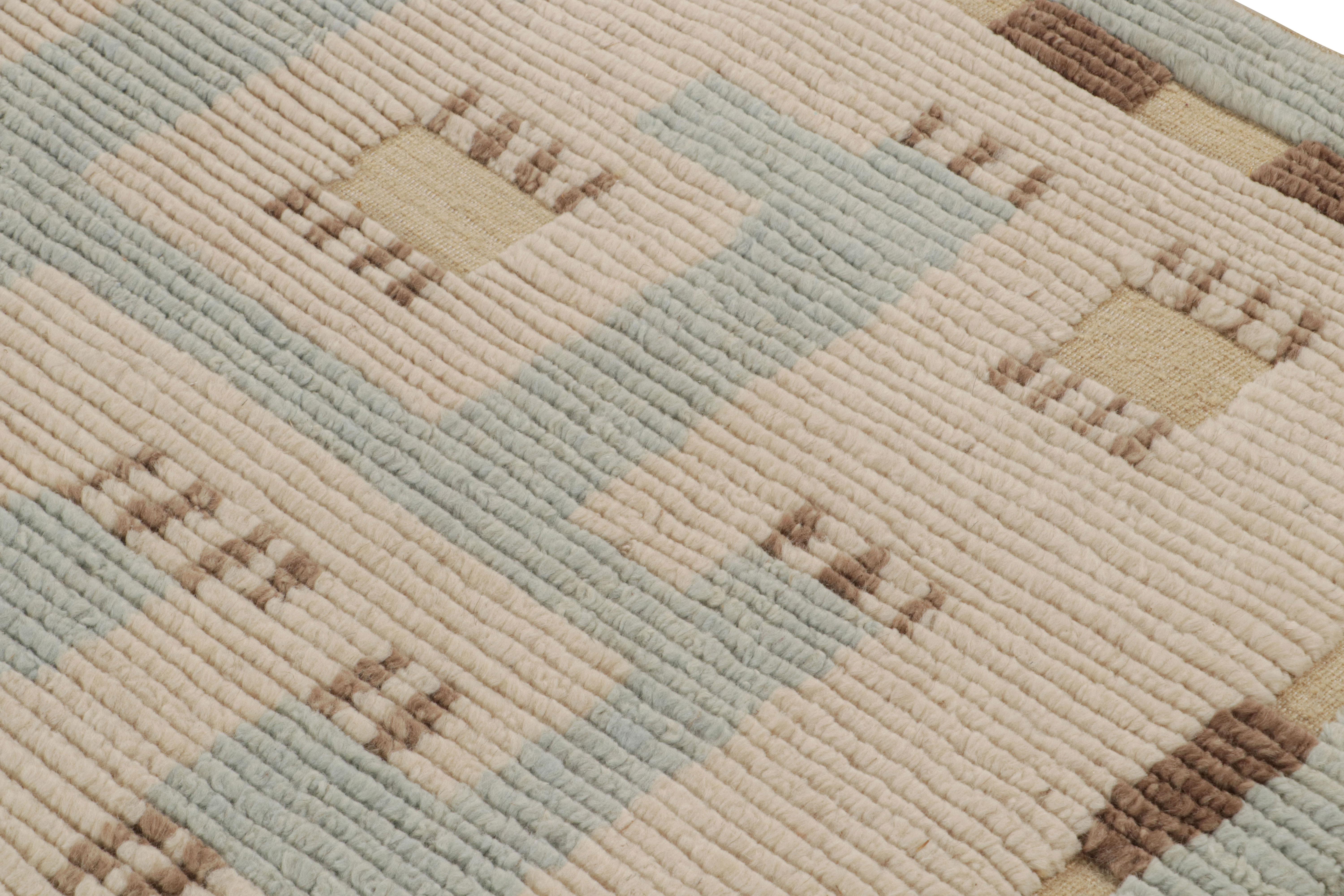 Indian Rug & Kilim’s “High” Scandinavian Style Rug with Blue and Beige Geometric For Sale