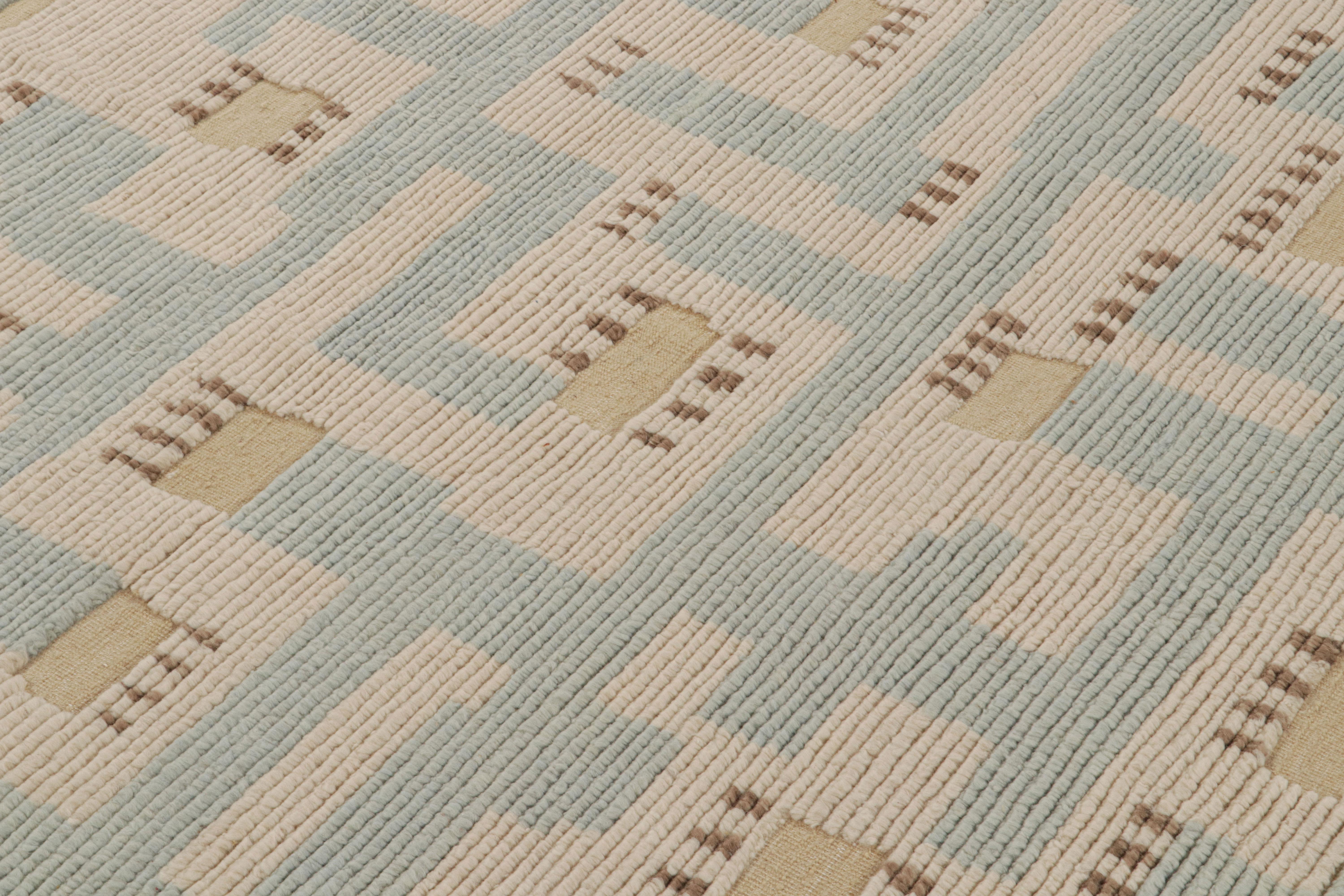 Contemporary Rug & Kilim’s “High” Scandinavian Style Rug with Blue and Beige Geometric For Sale