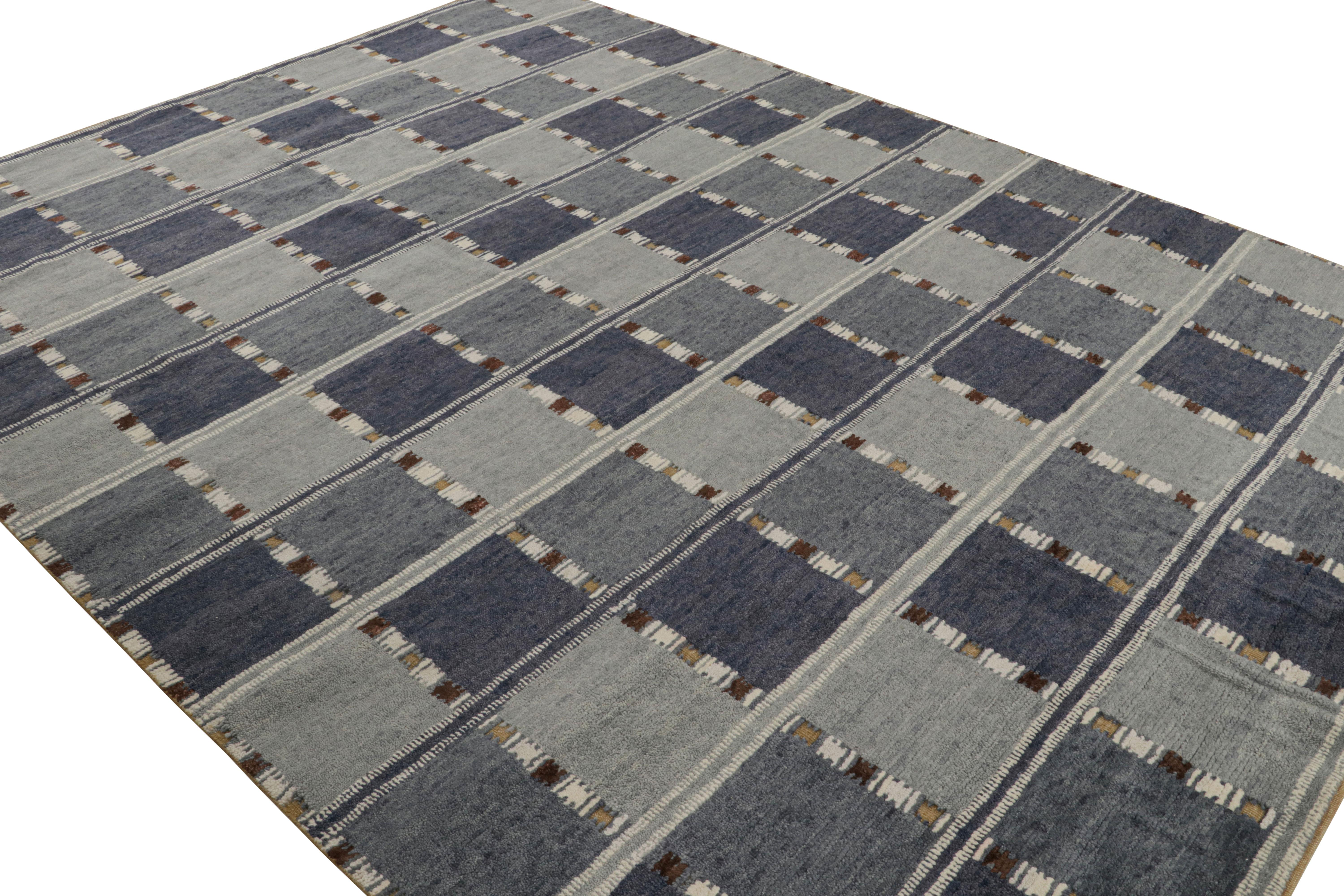 Hand-knotted in wool and silk, this 9x12 Scandinavian rug is from our “High” line, named for its high-low texture married to the geometric patterns. 

On the design: 

Keen eyes will note indigo and stone blue hues underscoring geometric patterns in