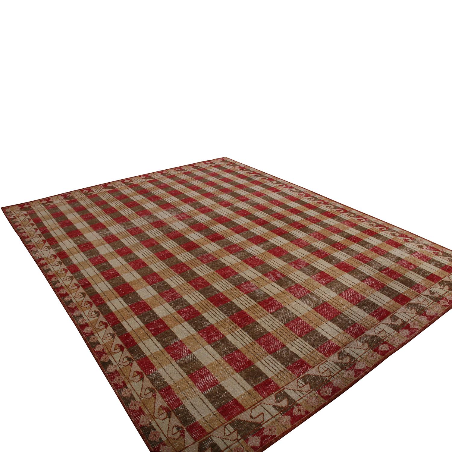 Hand-Knotted Rug & Kilim’s Homage Geometric Beige Brown and Red Wool Custom Rug