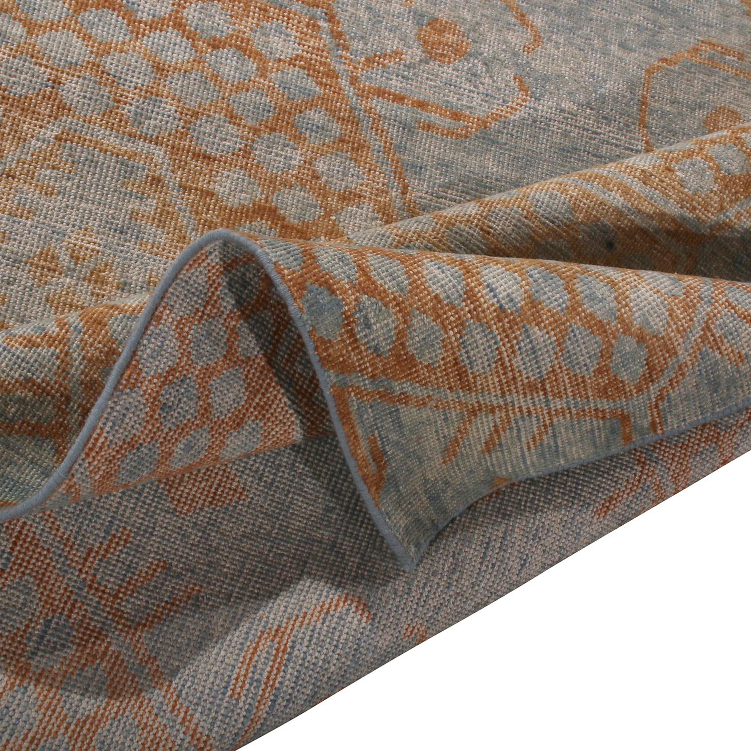 Indian Rug & Kilim’s Homage Geometric Brown and Blue Wool Custom Rug For Sale