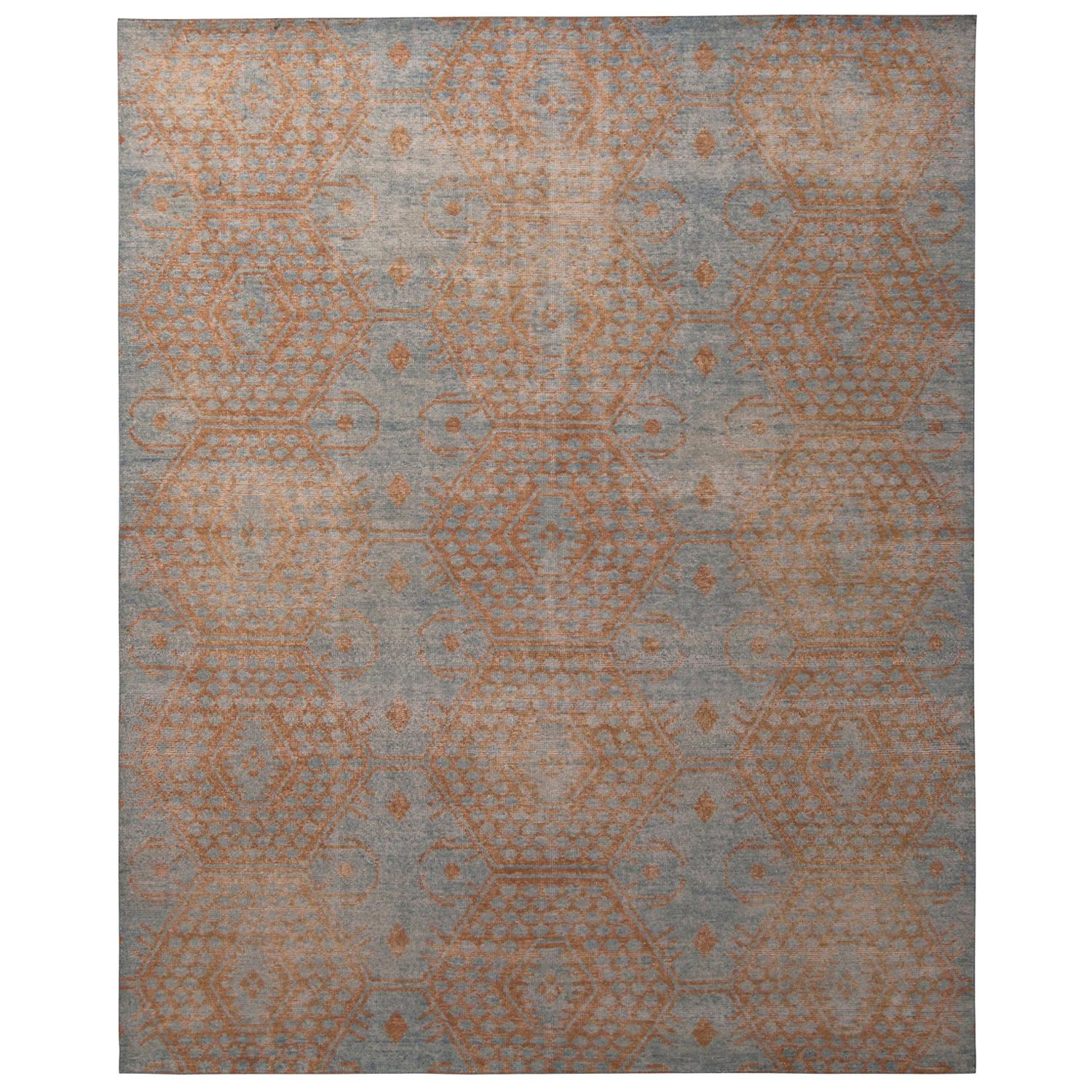 Rug & Kilim’s Homage Geometric Brown and Blue Wool Custom Rug