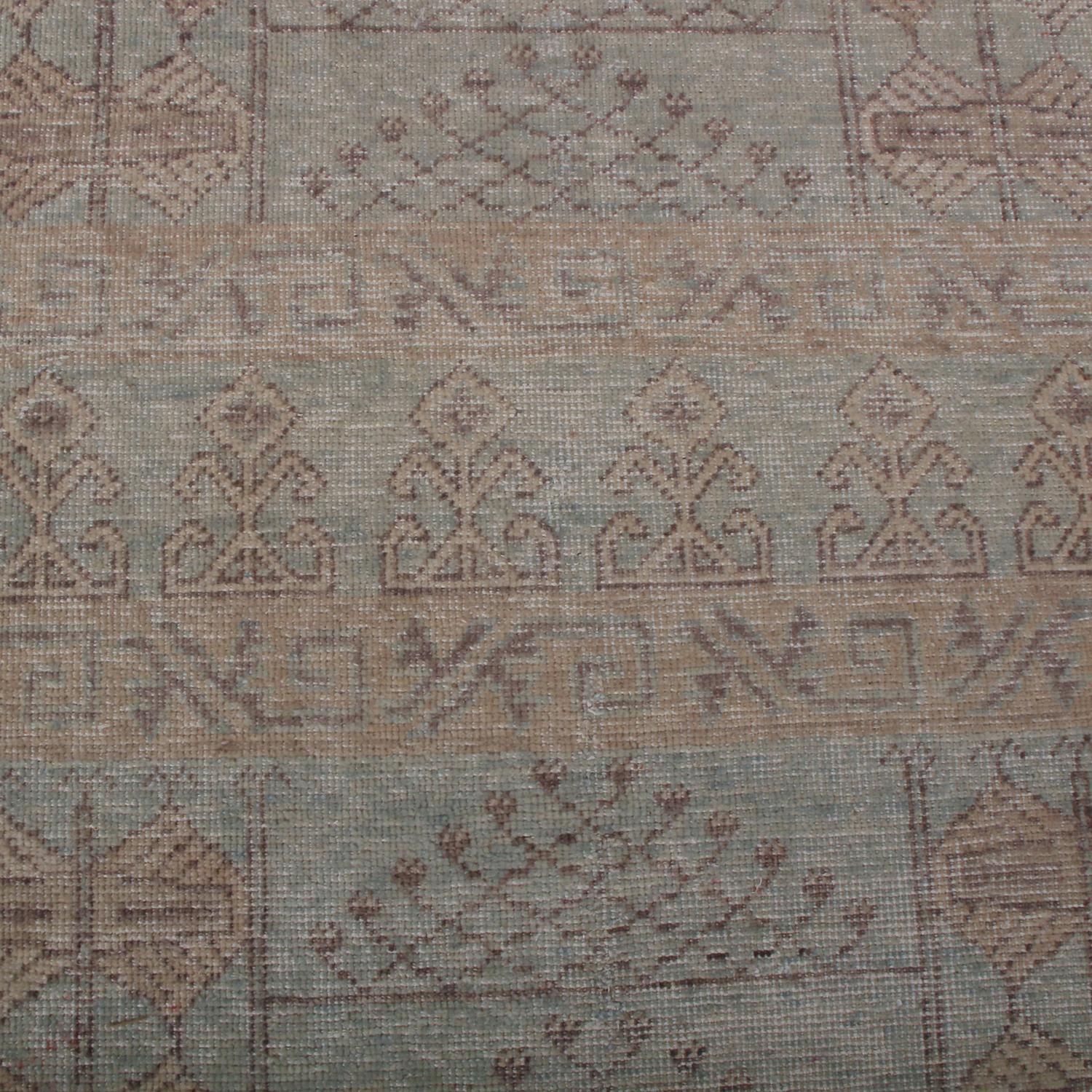 Indian Rug & Kilim’s Homage Geometric Ensi Beige Brown and Blue Wool Custom Rug