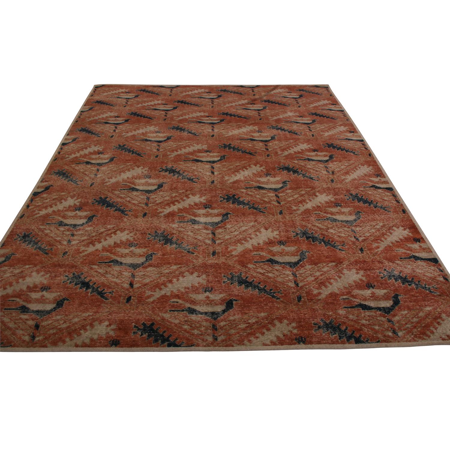 Art Déco Rug & Kilim: Tappeto geometrico floreale beige, rosa e blu in lana personalizzato in vendita