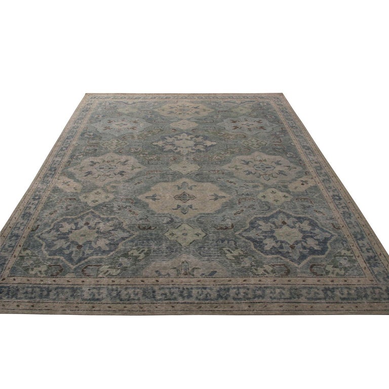 Rug and Kilim’s Homage Geometric Floral Green and Blue Wool Custom Rug ...