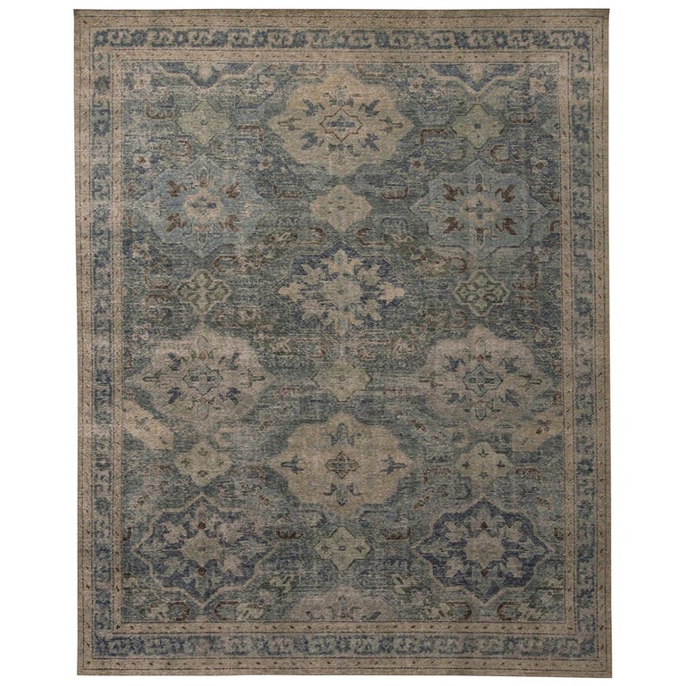 Homage Rug Rug and Kilim’s Homage Geometric Floral Green and Blue Wool Custom Rug ...