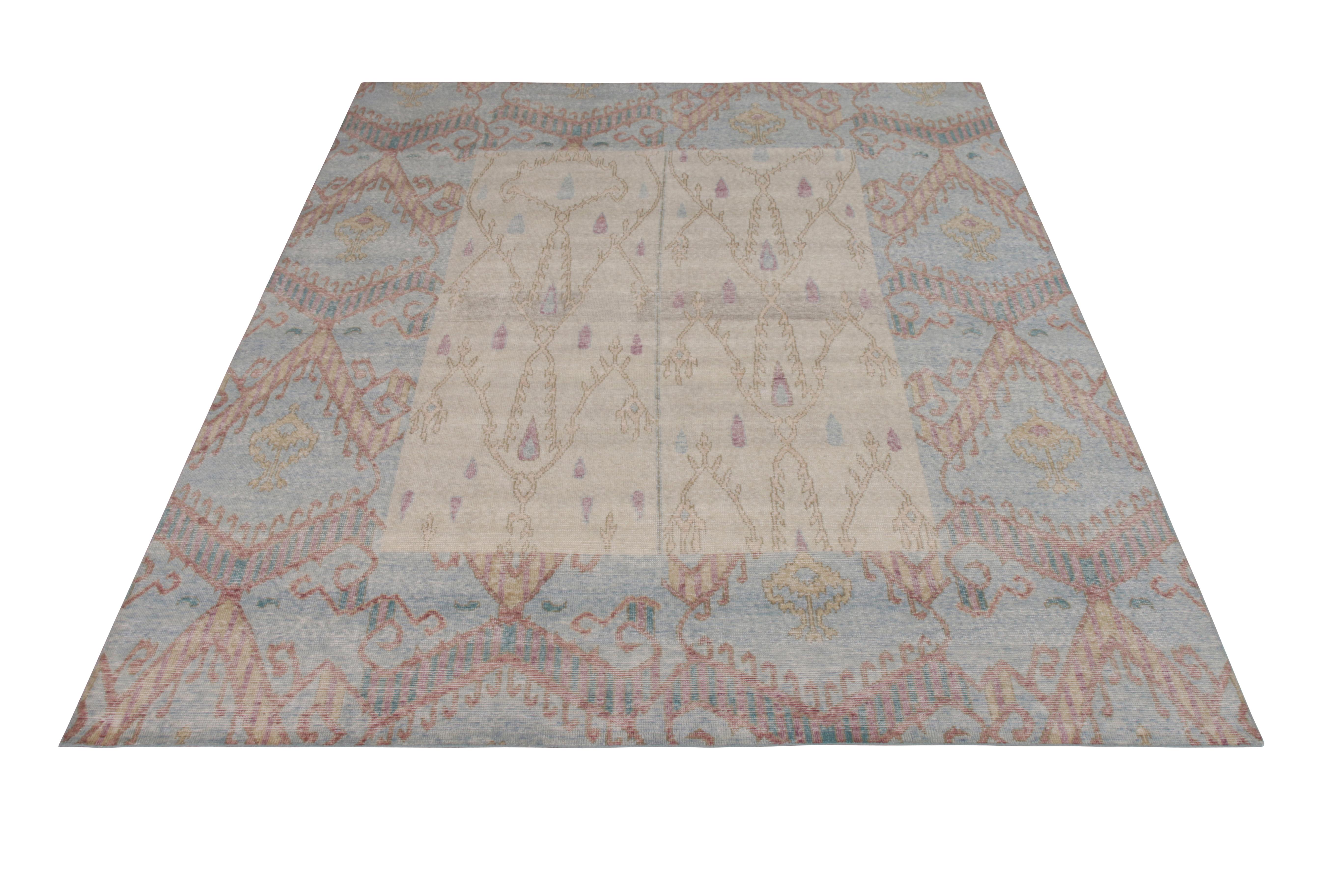 A beige and blue ode to the silk weaving of Ikats joining the Homage collection by Rug & Kilim. 

On the design: Hand knotted in wool, the execution of pattern in this 8 x 10 is among Josh’s favorites in the line. Furthermore this piece