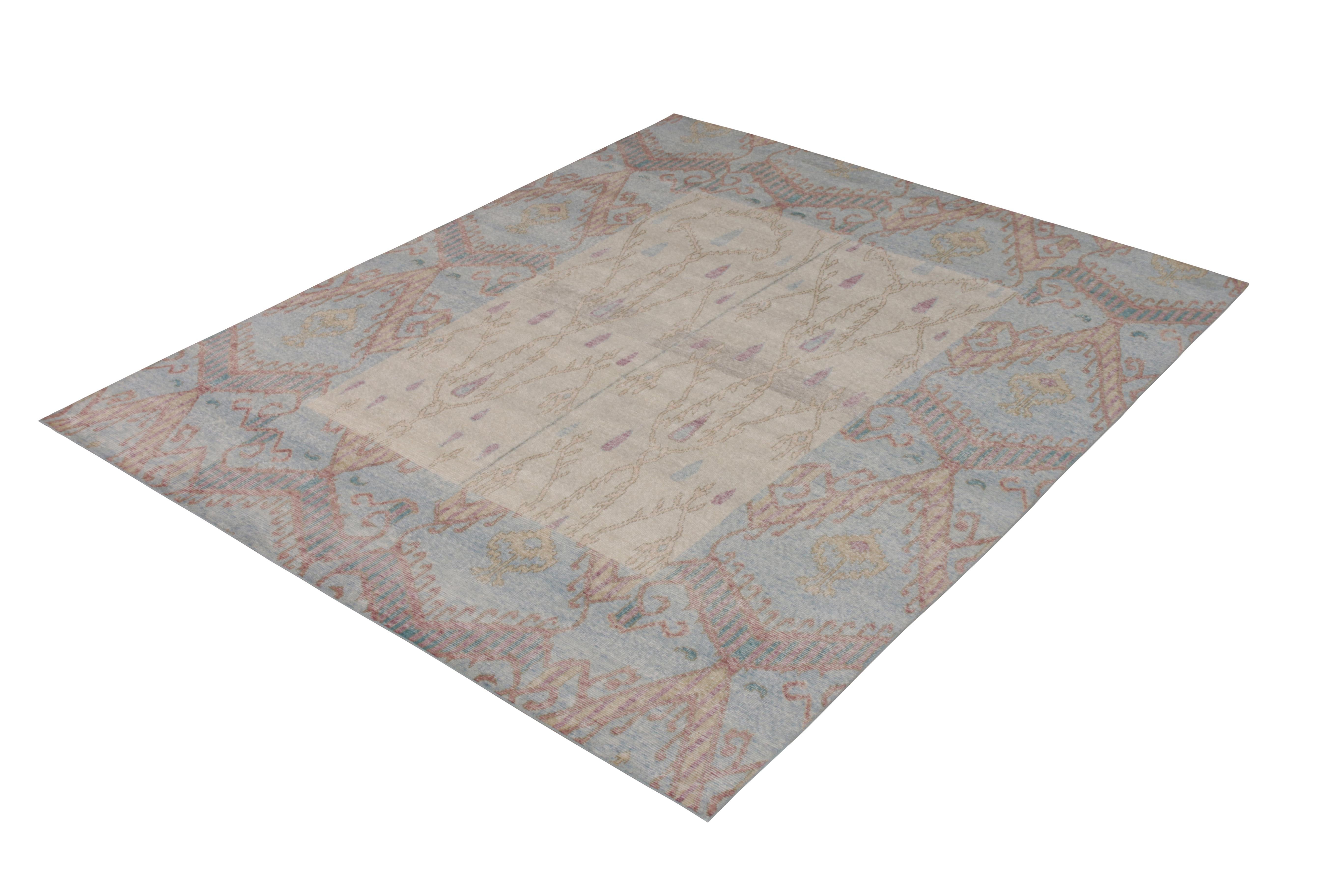 Art Deco Rug & Kilim’s Ikats Style Distressed Rug in Beige and Blue Geometric Pattern For Sale