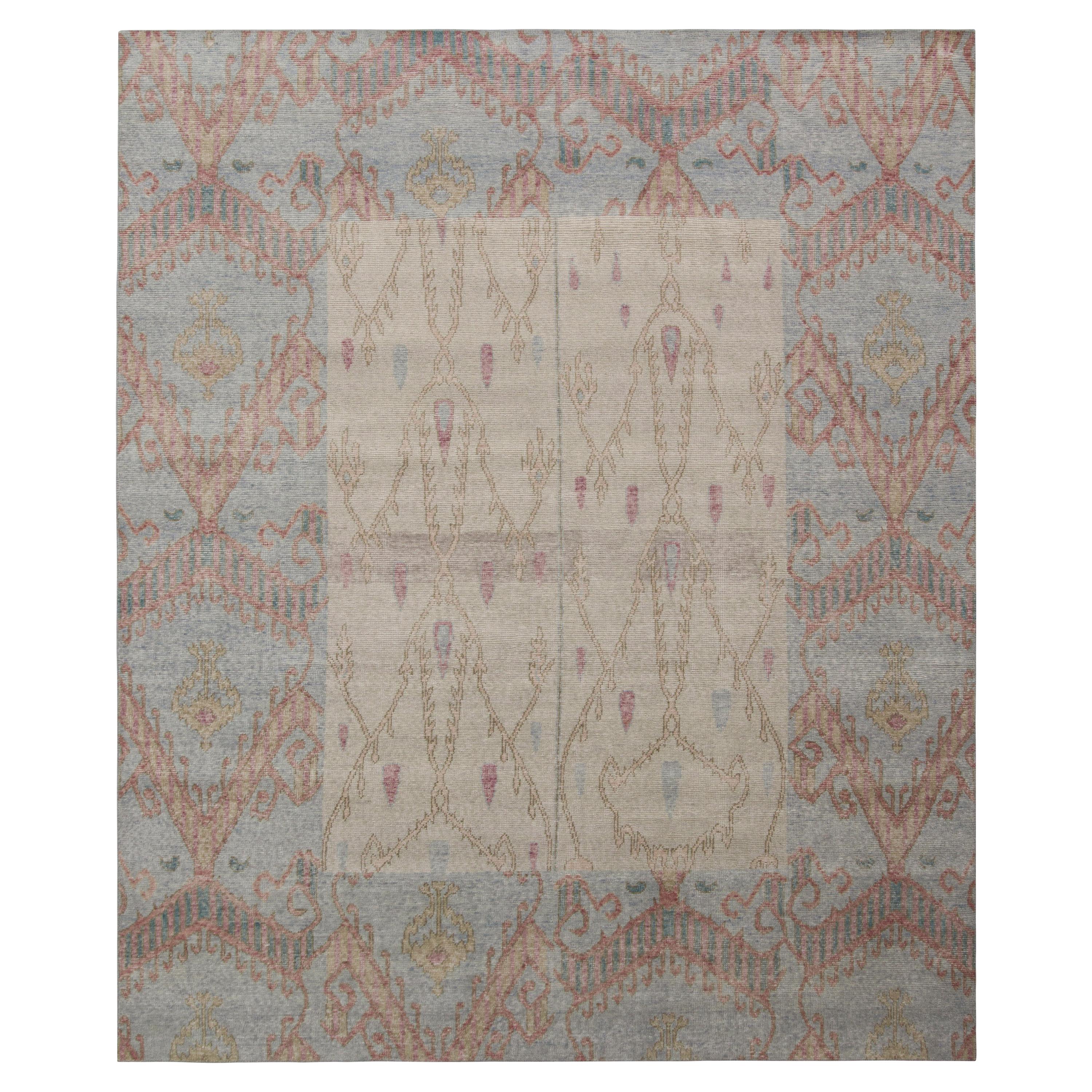 Rug & Kilim’s Ikats Style Distressed Rug in Beige and Blue Geometric Pattern For Sale