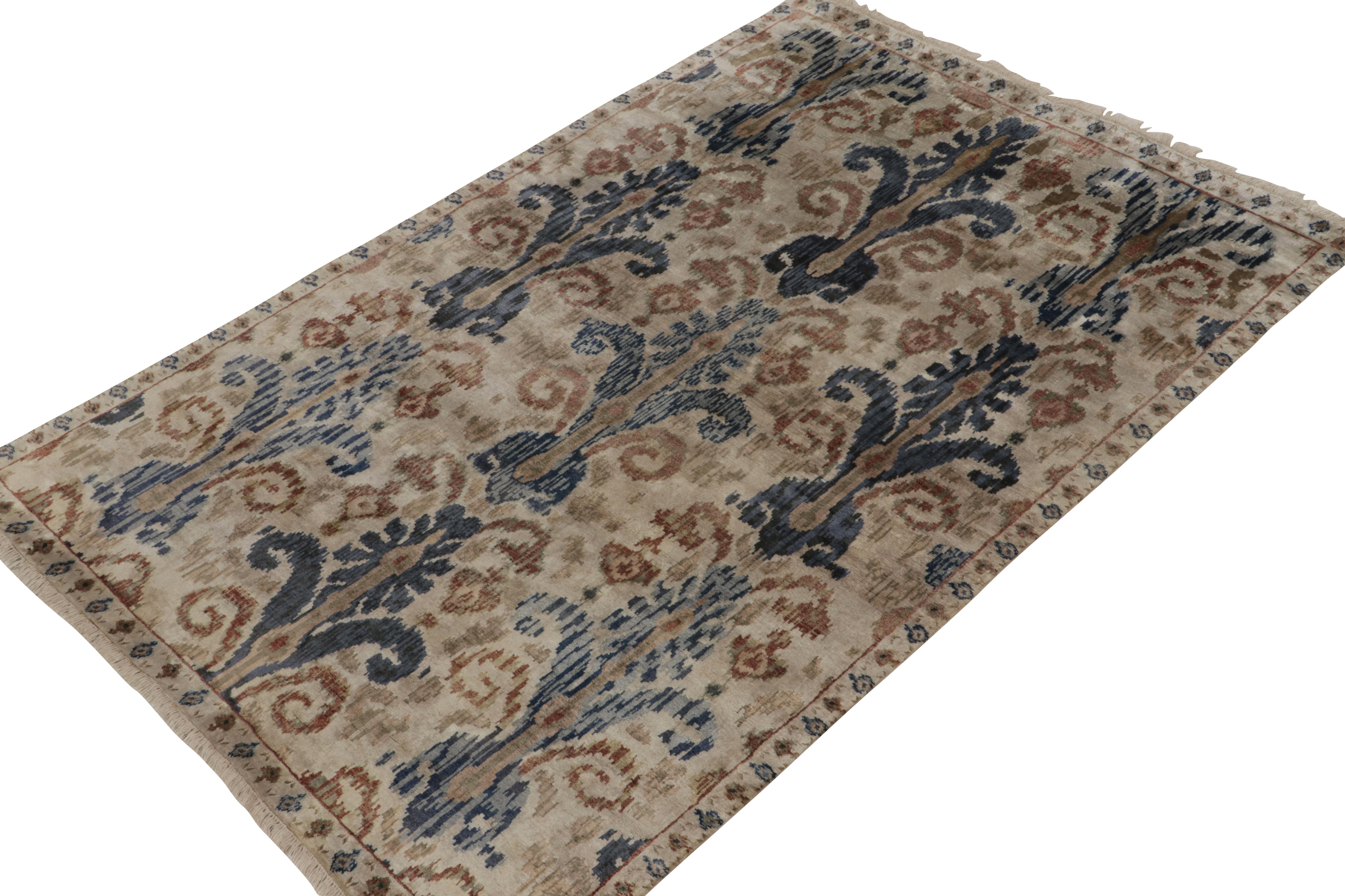 Hand-knotted in luxurious high-quality silk, this 6x9 from our Modern Classics collection is an ode to celebrated Ikats patterns. Rich blues and beige-browns enjoy fabulous movement in tandem with the silk’s natural luster on an elegant ivory
