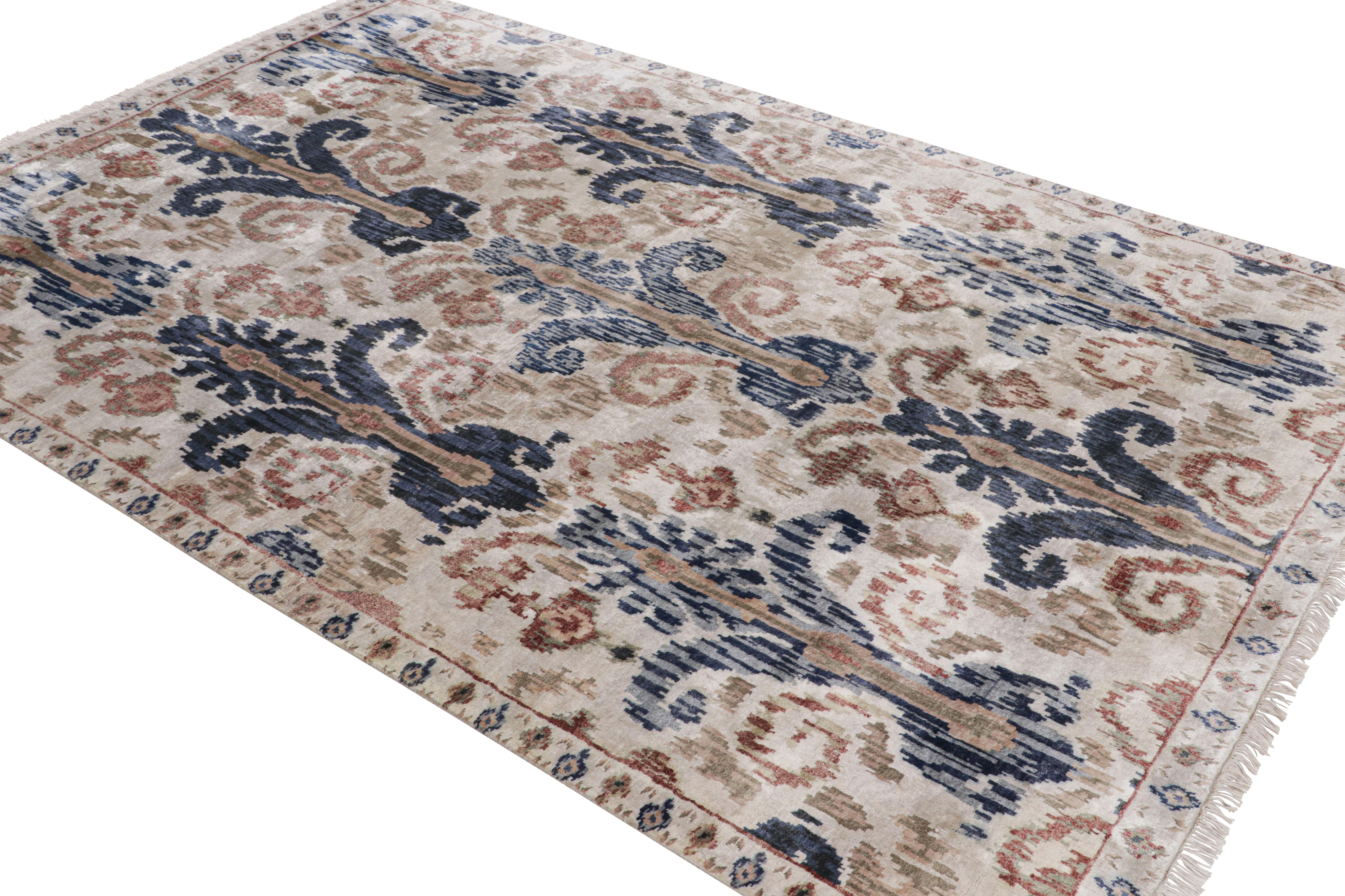 Hand-knotted in luxurious high-quality silk, this 6x9 from our Modern Classics collection is an ode to celebrated Ikats patterns. Rich blues and beige-browns enjoy fabulous movement in tandem with the silk’s natural luster on an elegant ivory
