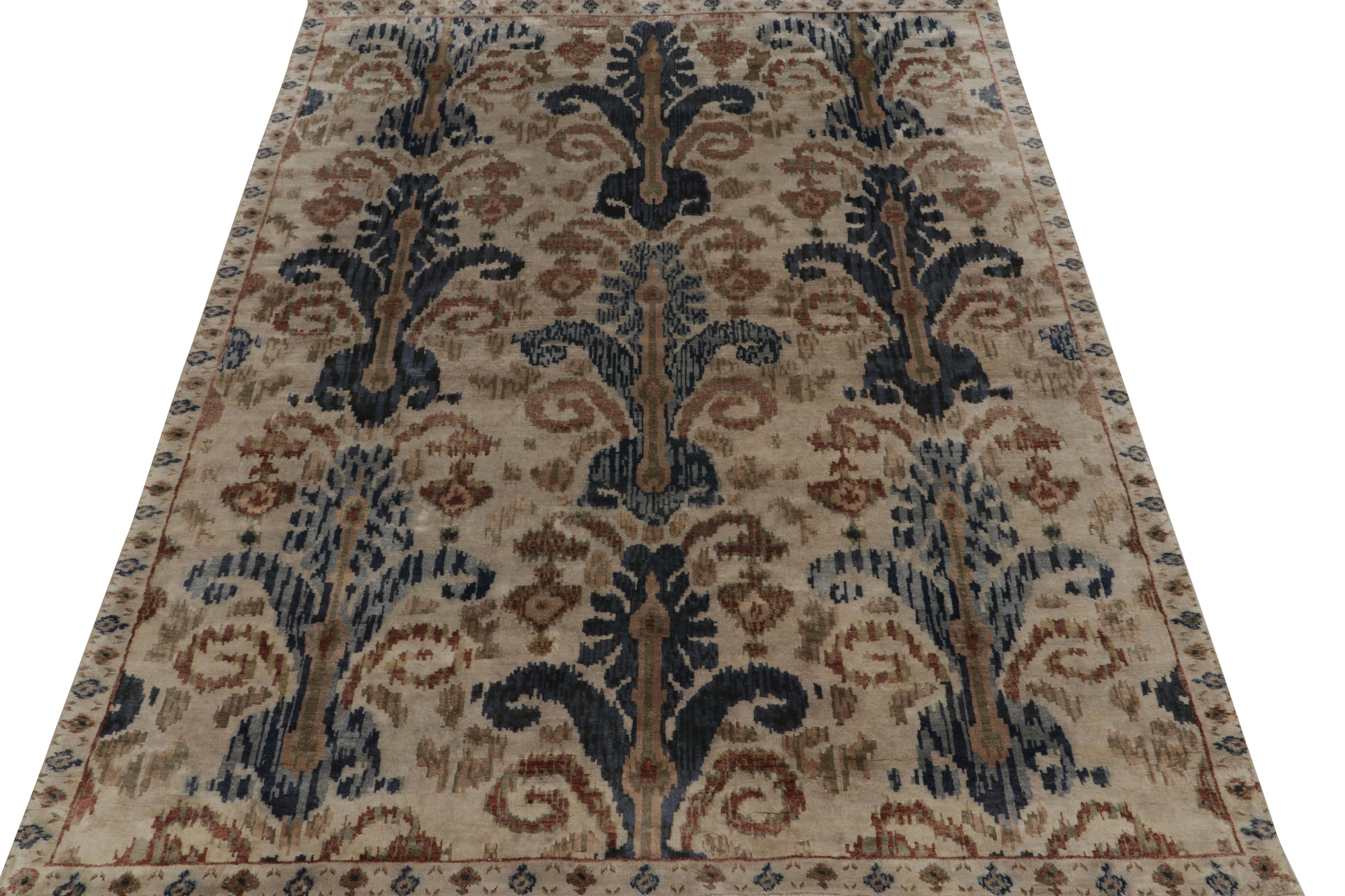 Indian Rug & Kilim’s Ikats Style rug in Blue and Beige-Brown on Ivory For Sale