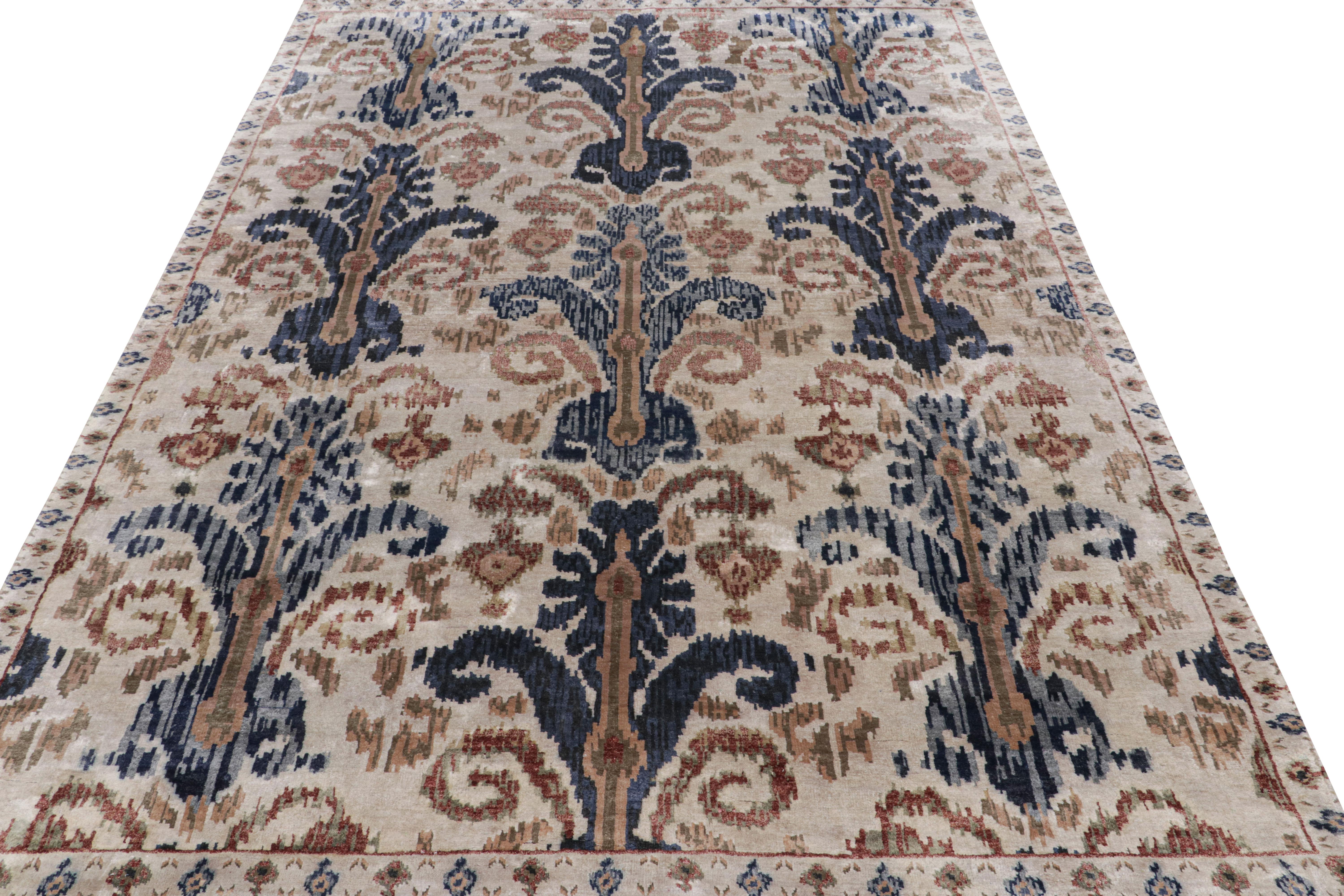 Indian Rug & Kilim’s Ikats Style rug in Blue and Beige-Brown on Ivory For Sale