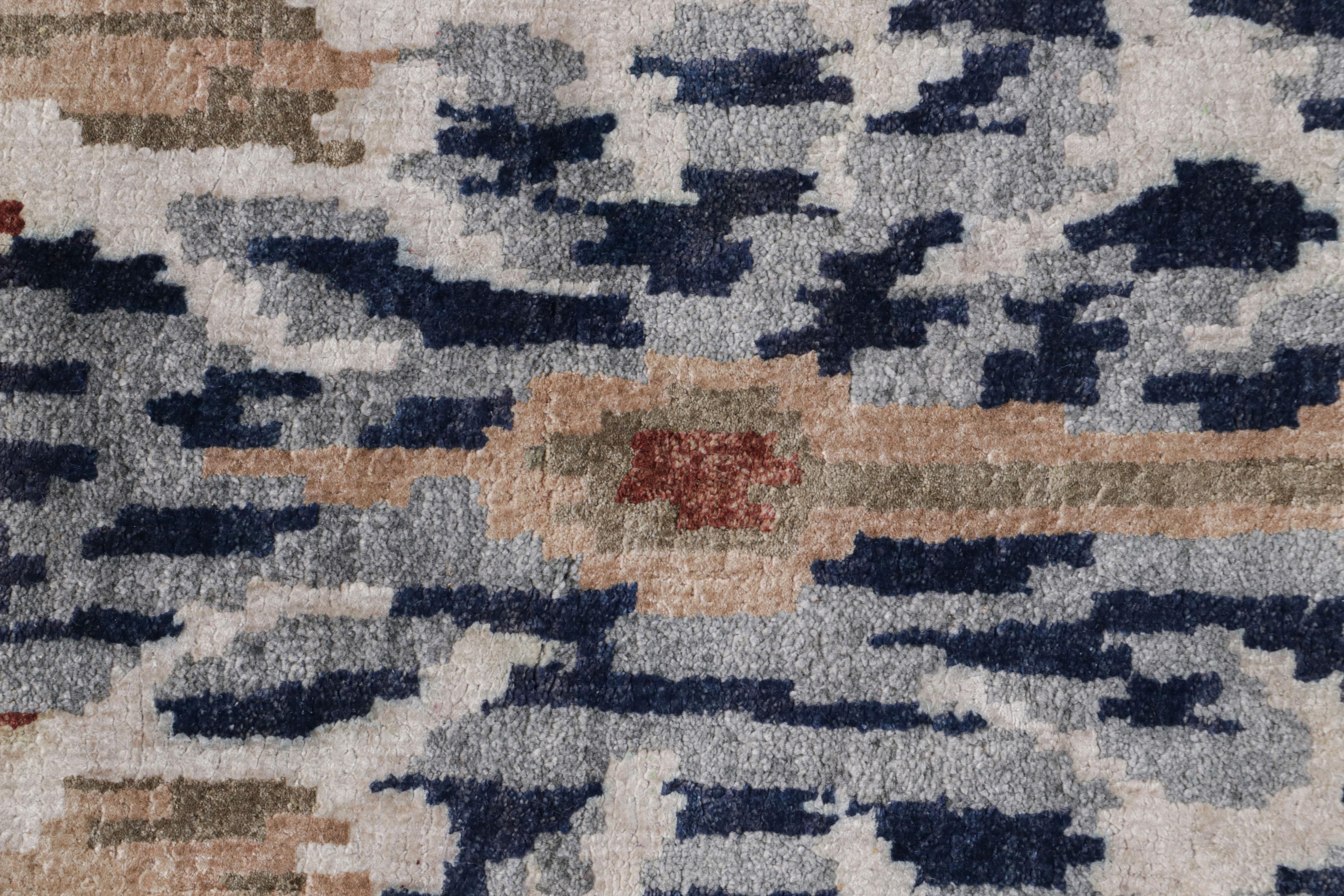 Contemporary Rug & Kilim’s Ikats Style rug in Blue and Beige-Brown on Ivory For Sale
