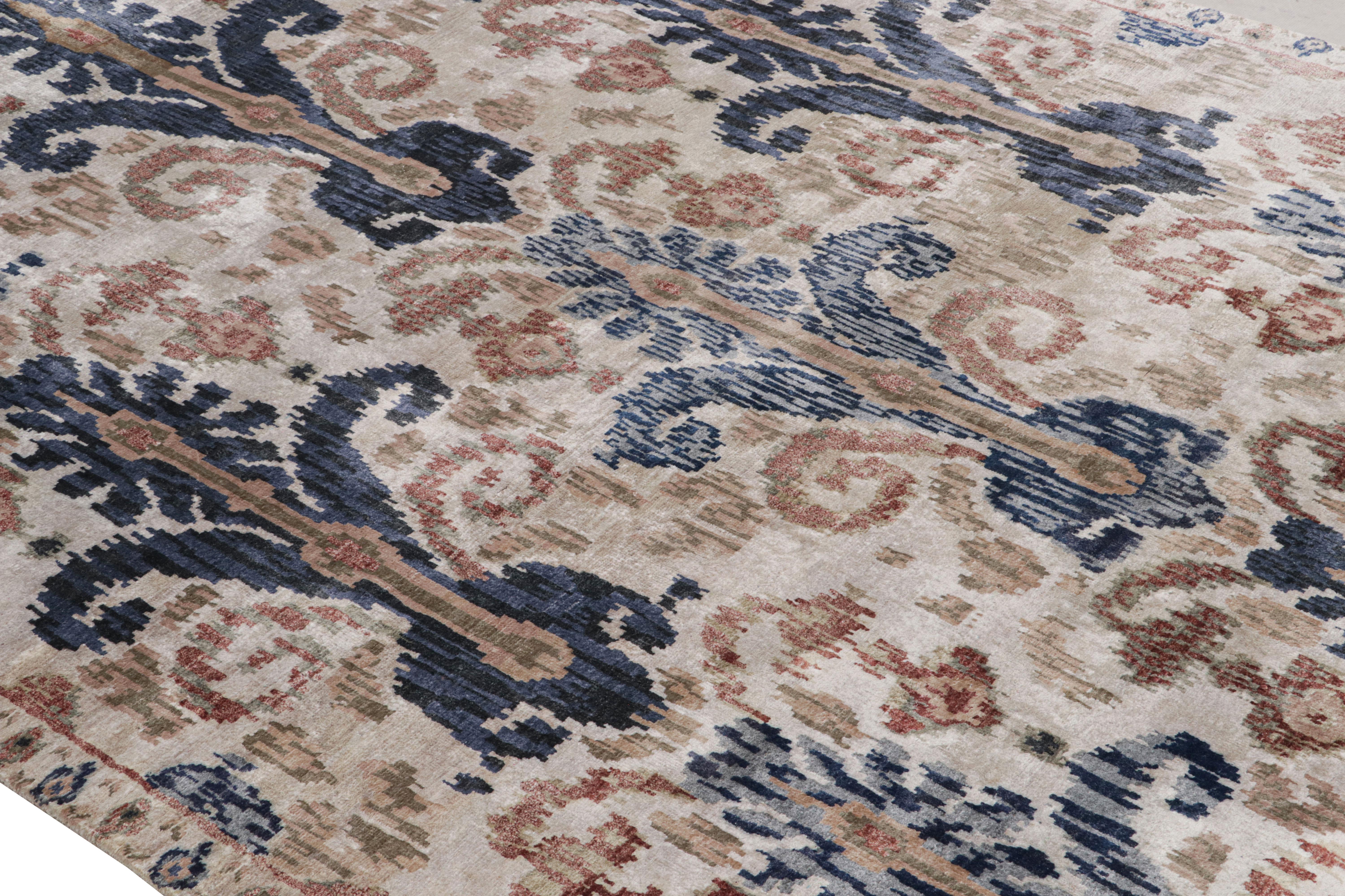 Hand-Knotted Rug & Kilim’s Ikats Style rug in Blue and Beige-Brown on Ivory For Sale