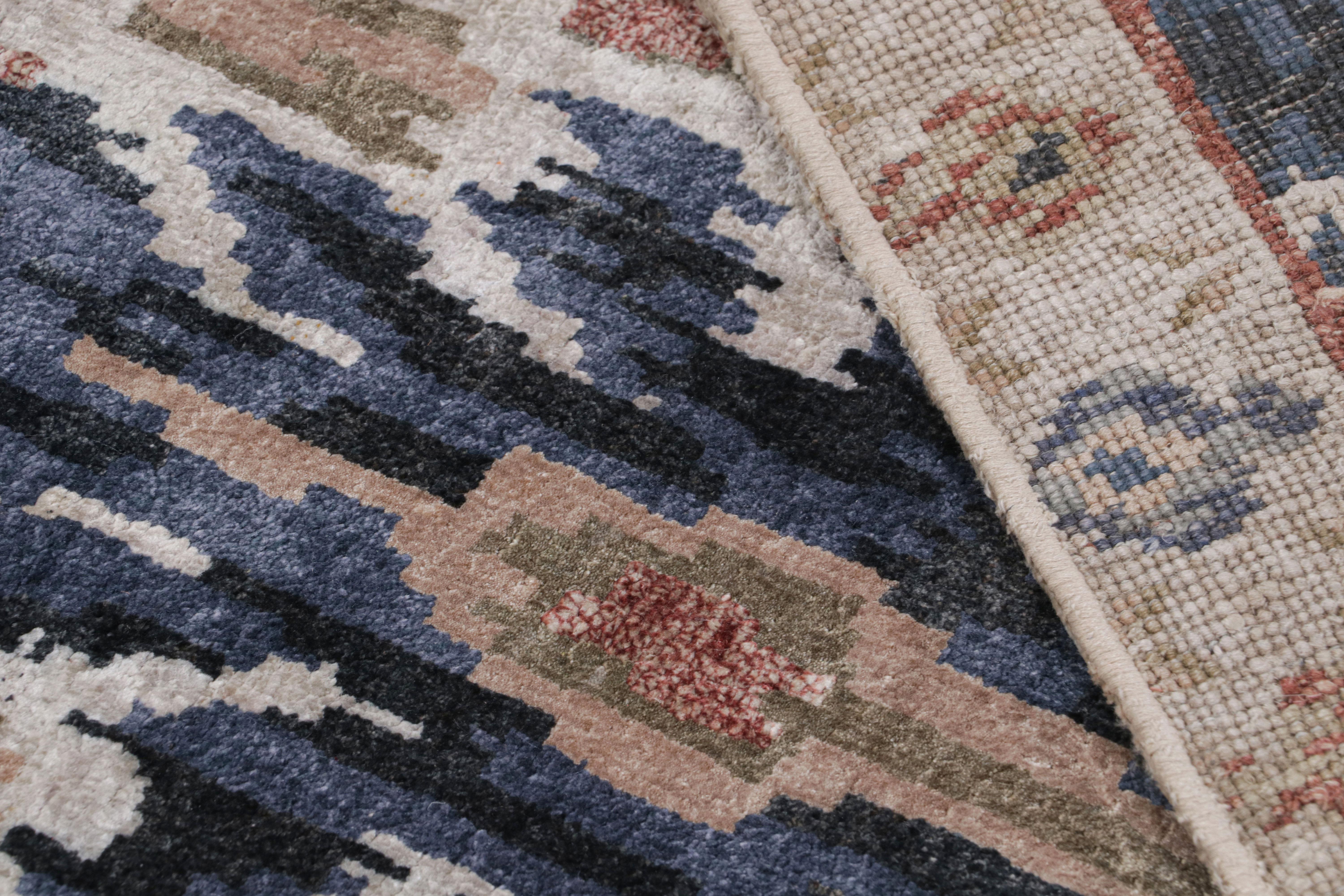 Silk Rug & Kilim’s Ikats Style rug in Blue and Beige-Brown on Ivory For Sale
