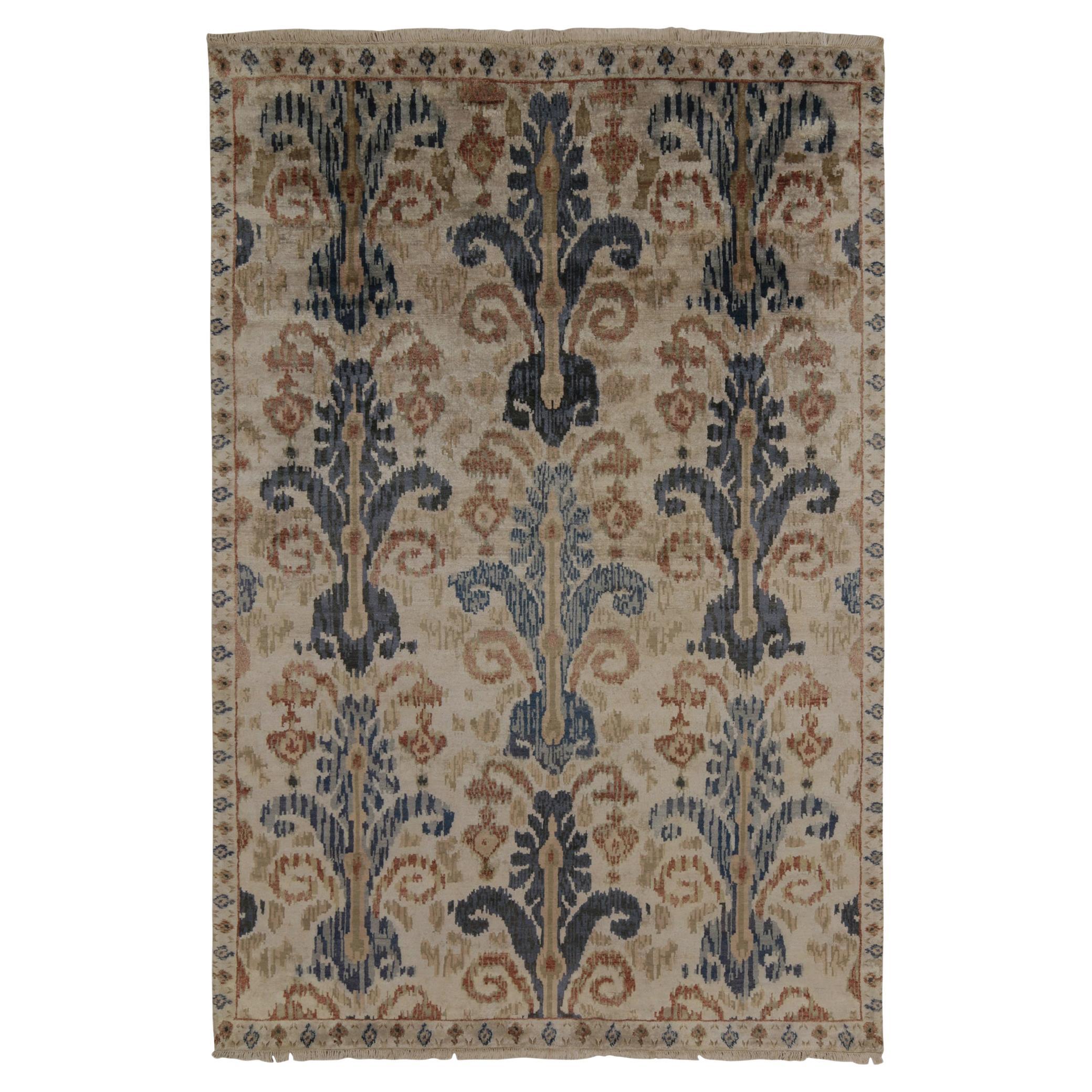 Rug & Kilim’s Ikats Style rug in Blue and Beige-Brown on Ivory For Sale