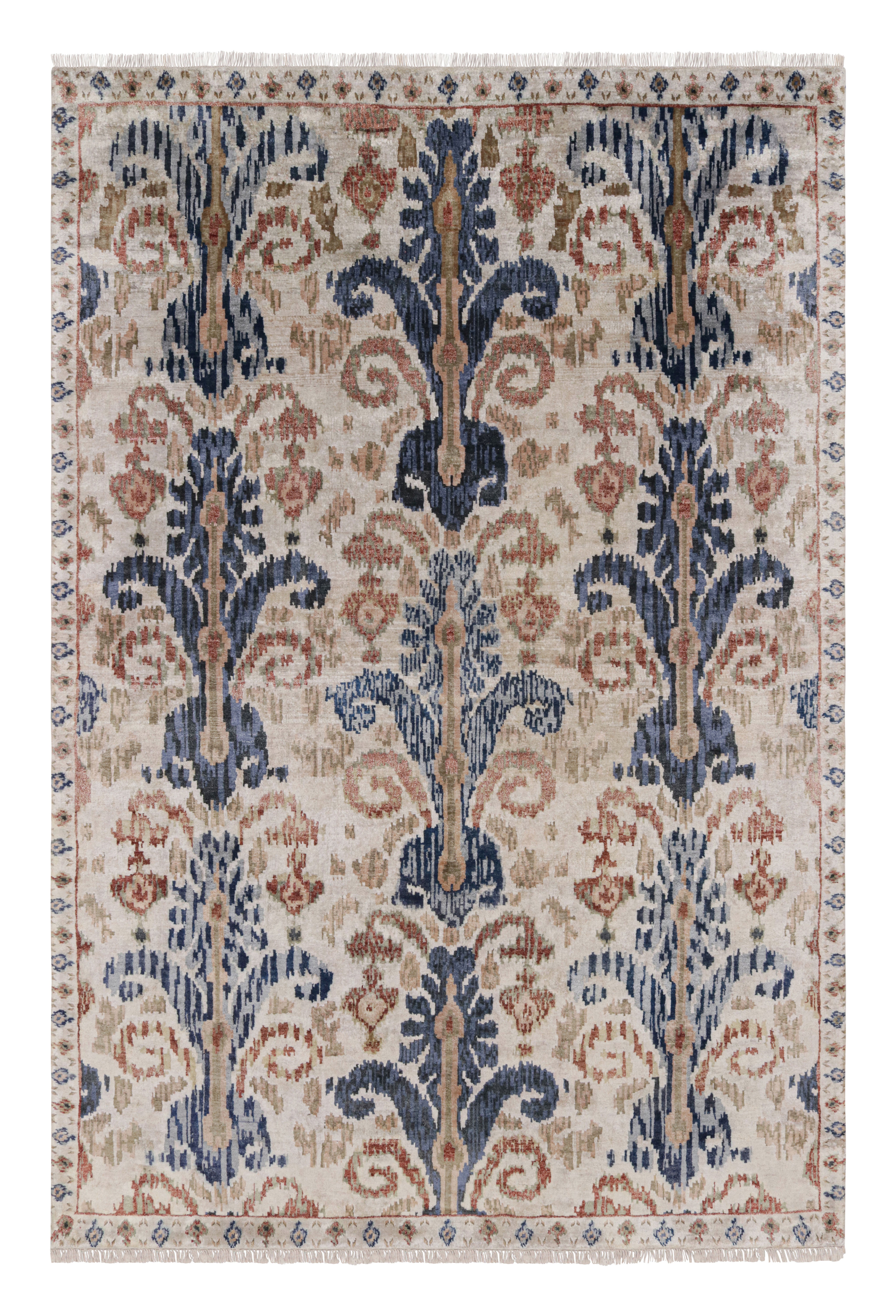 Rug & Kilim’s Ikats Style rug in Blue and Beige-Brown on Ivory For Sale