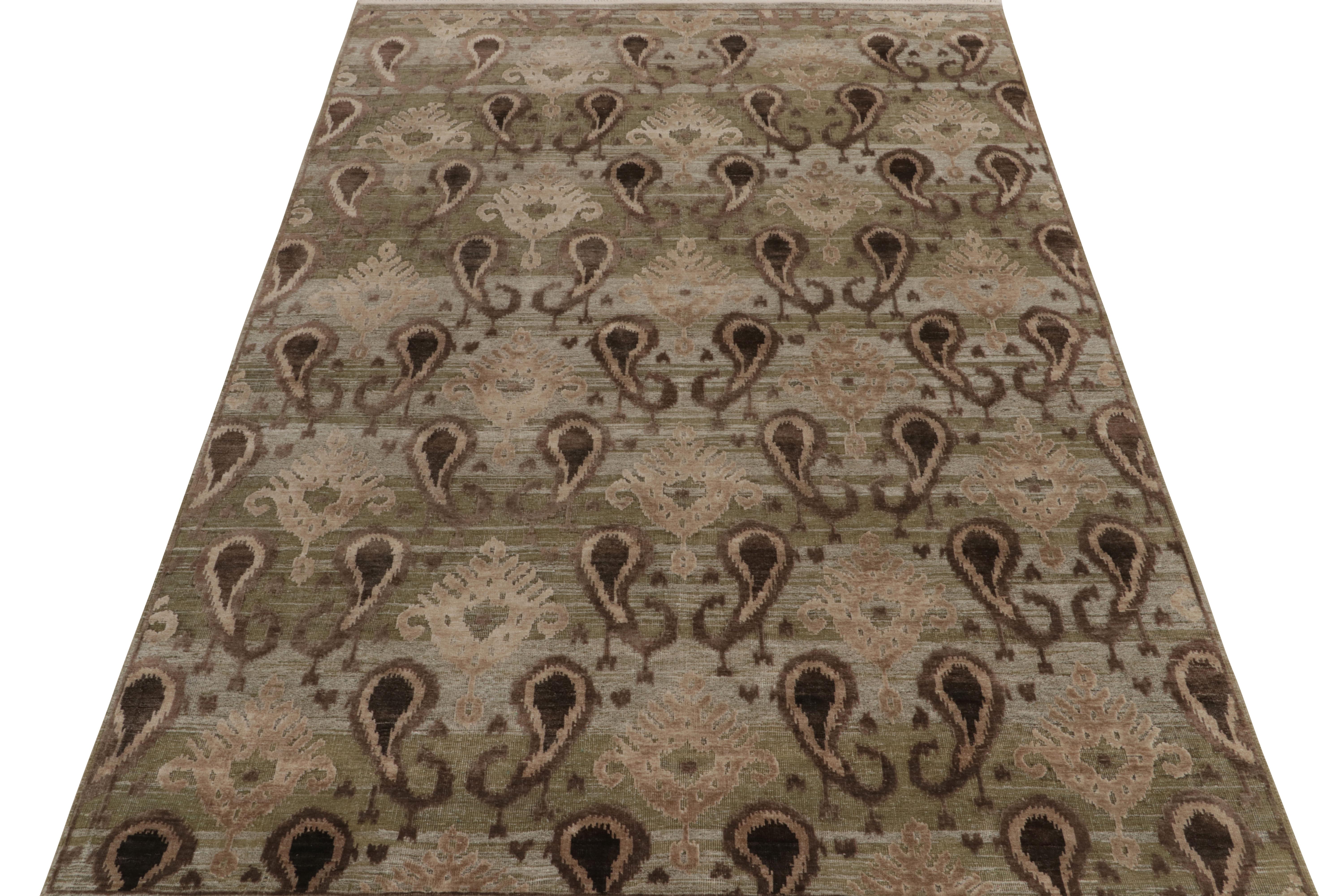 Indian Rug & Kilim’s Ikats Style rug in Green with Beige-Brown Paisley Floral Patterns For Sale