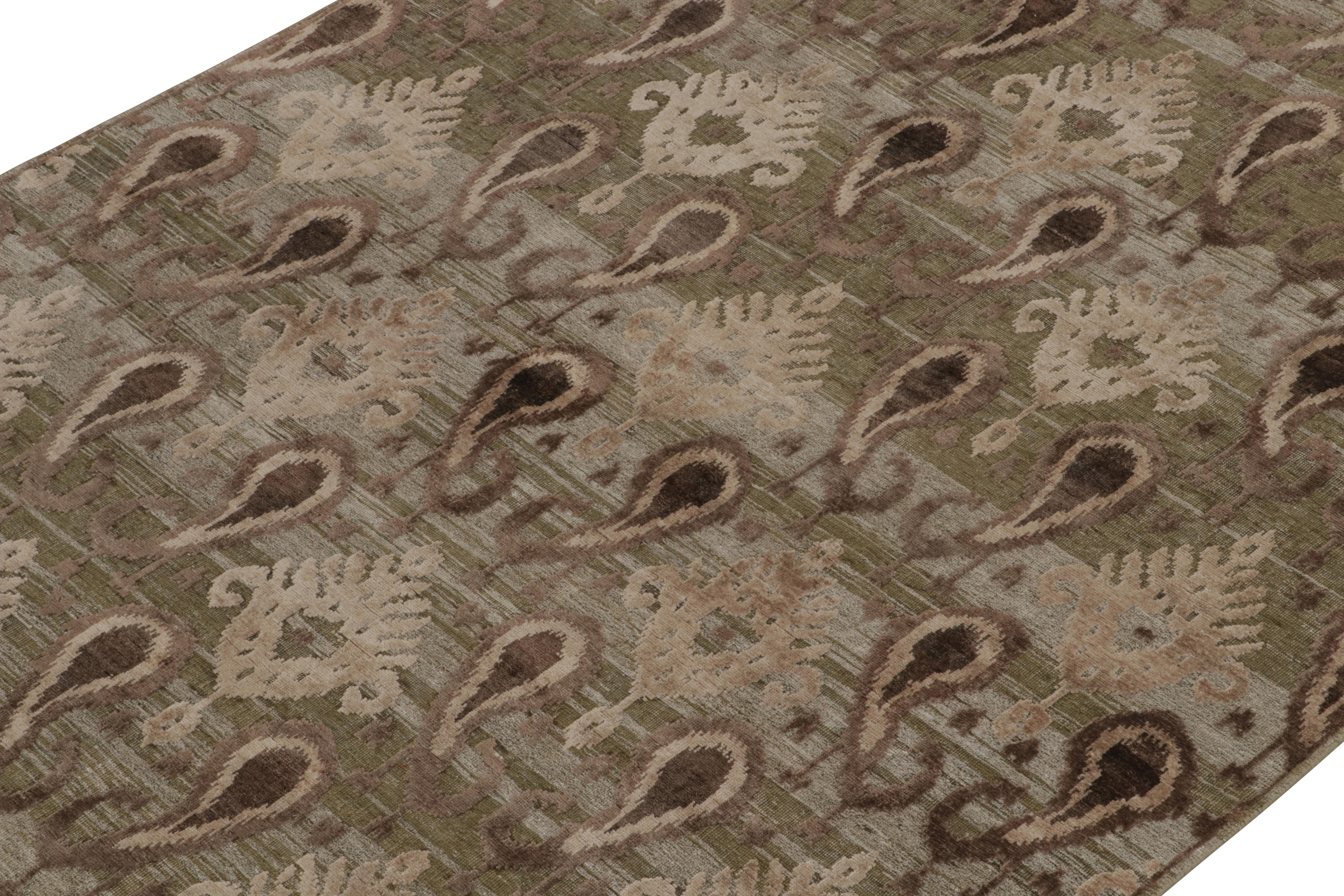 Hand-Knotted Rug & Kilim’s Ikats Style rug in Green with Beige-Brown Paisley Floral Patterns For Sale