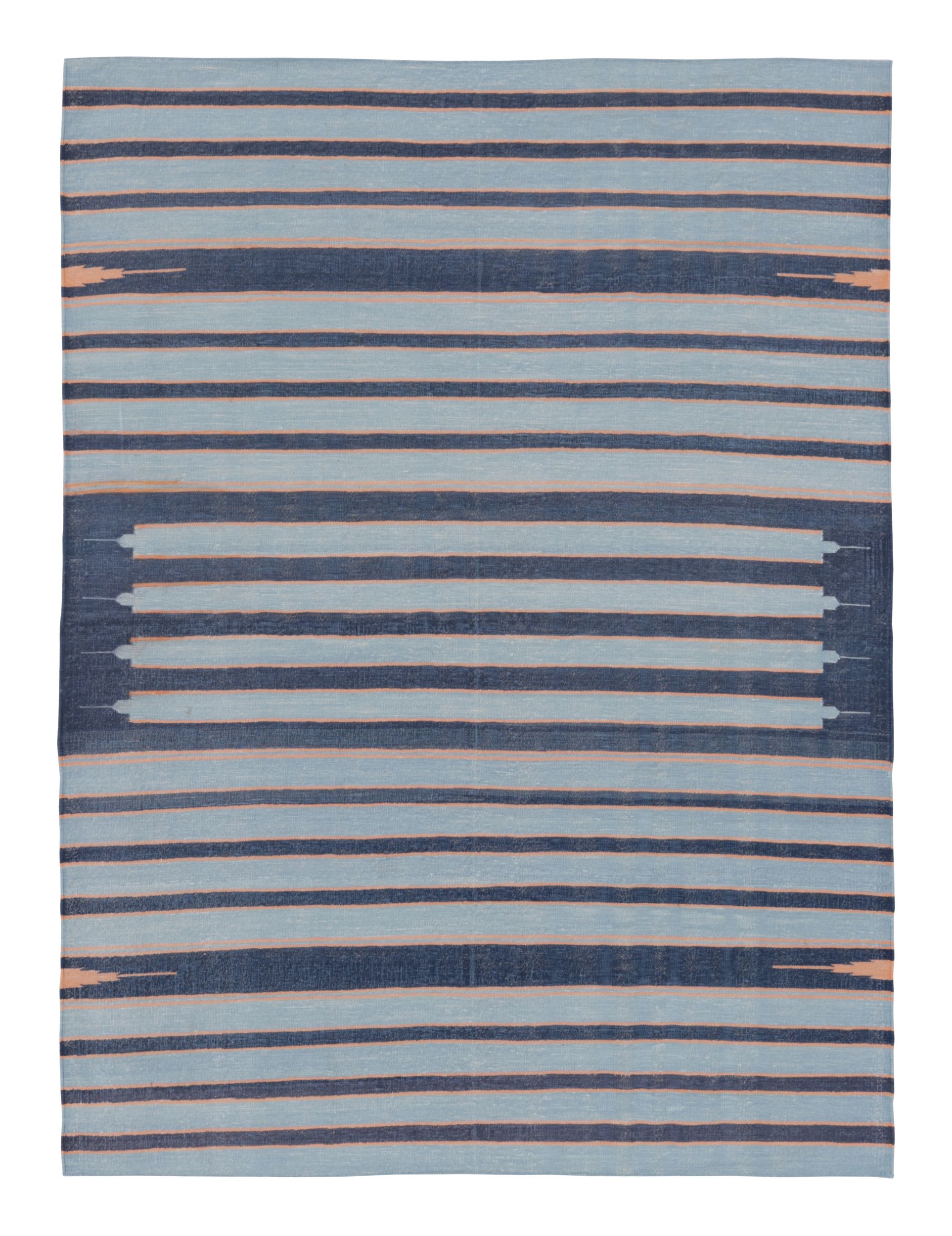 Rug & Kilim’s Indian Dhurrie Rug in Blue and Brown Geometric Stripes For Sale