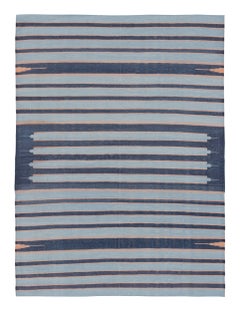 Rug & Kilim’s Indian Dhurrie Rug in Blue and Brown Geometric Stripes