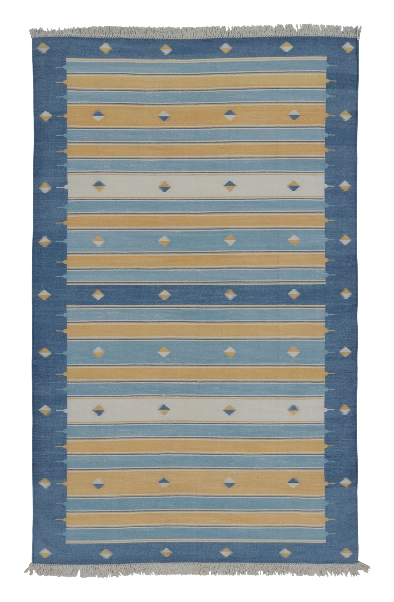Rug & Kilim’s Indian Dhurrie Rug in Blue, Gold and Ivory Geometric Stripes