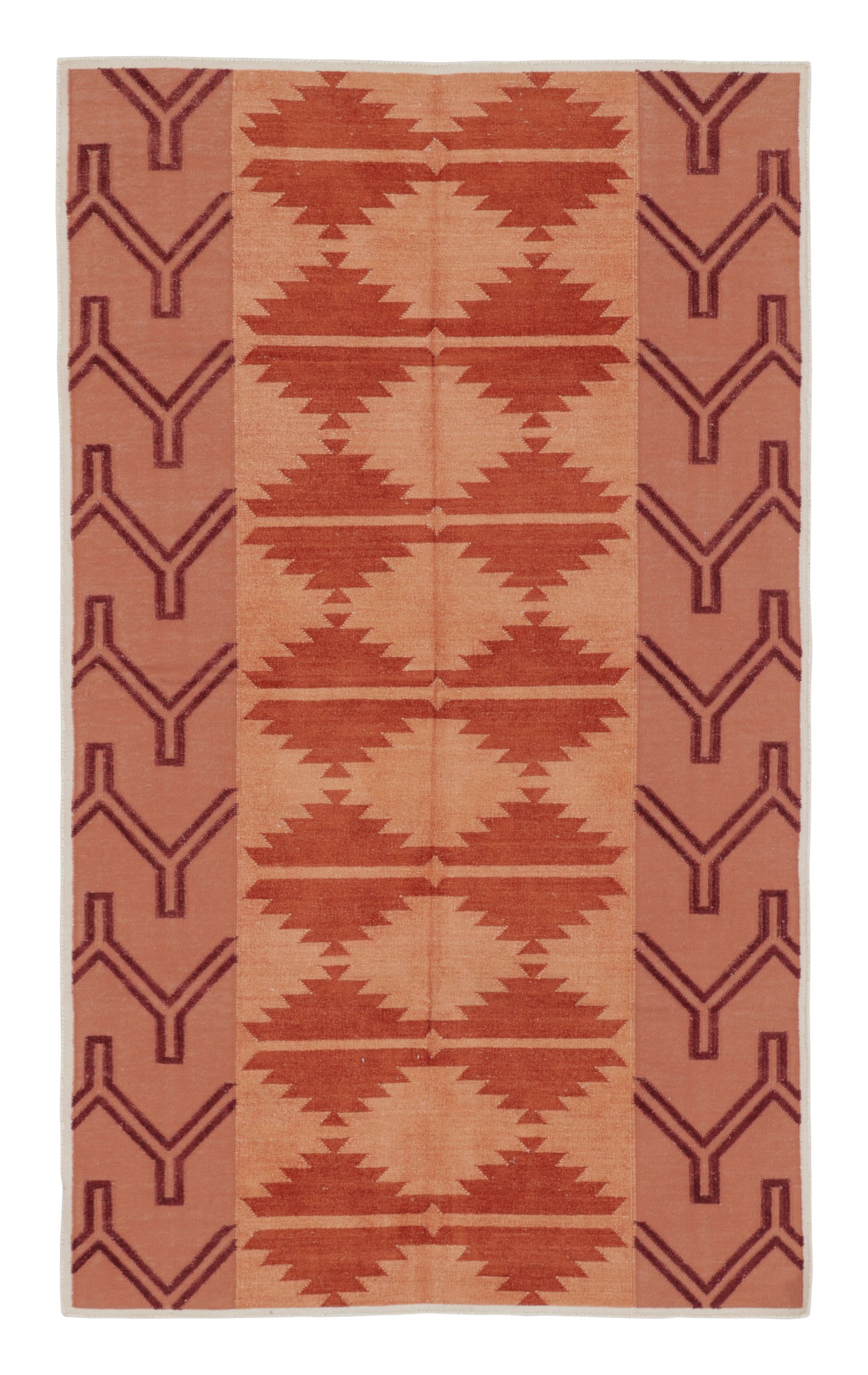 Rug & Kilim’s Indian Dhurrie Rug in Brick Red and Orange Geometric Pattern For Sale