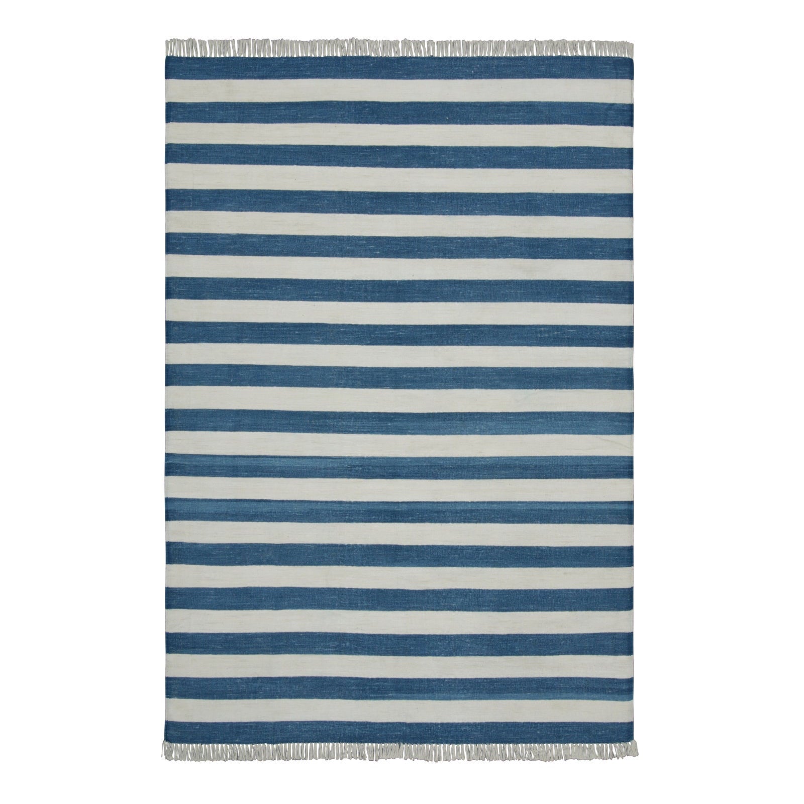 Rug & Kilim’s Indian Dhurrie Rug in Cool, Coastal Navy Blue and White Stripes