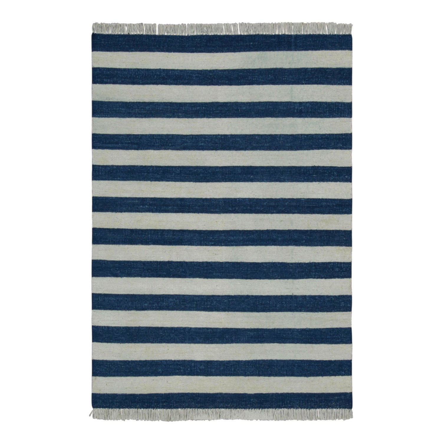 Rug & Kilim’s Indian Dhurrie Rug in Cool, Coastal Navy Blue and White Stripes