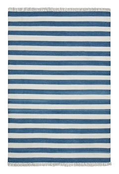 Rug & Kilim’s Indian Dhurrie Rug in Cool, Coastal Navy Blue and White Stripes