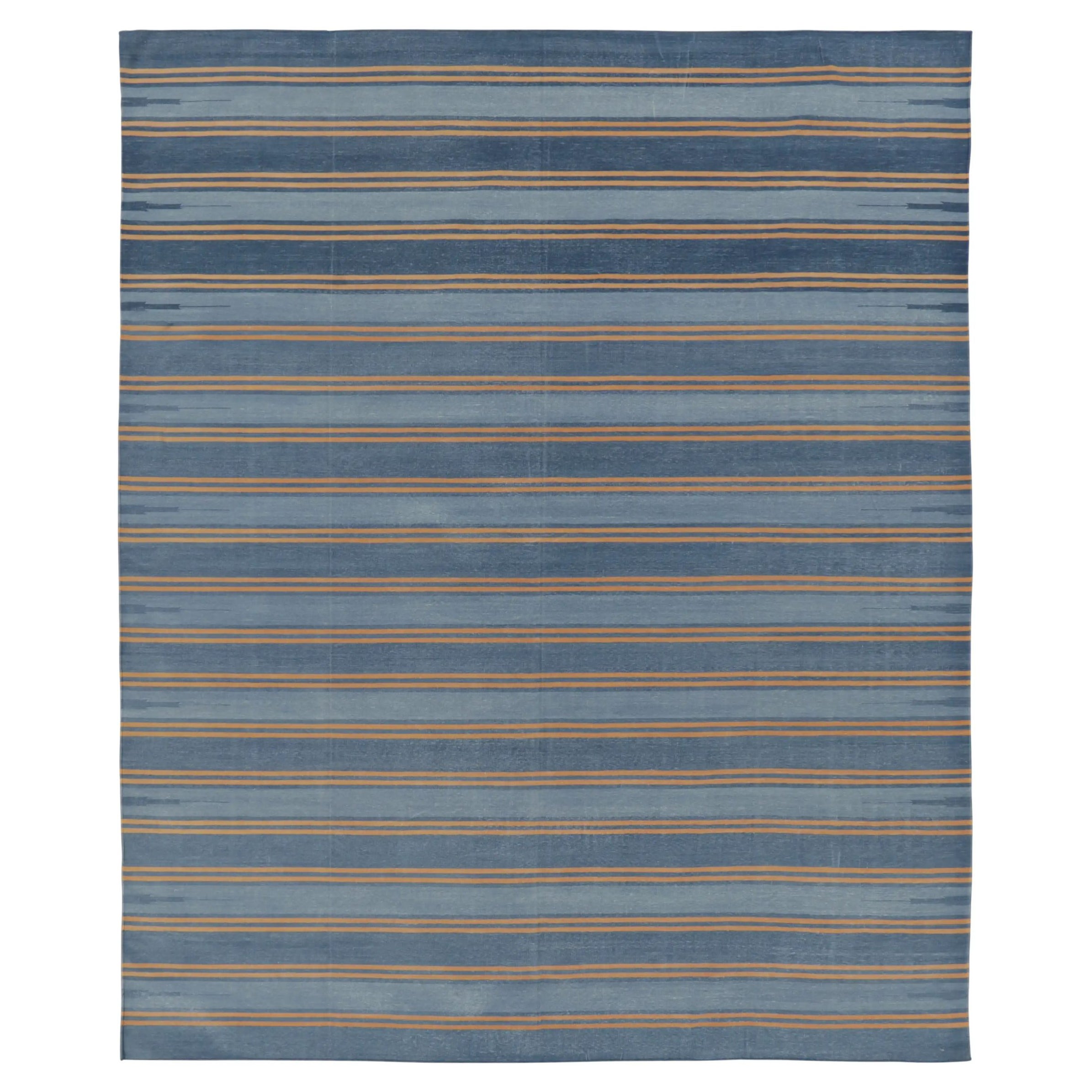 Rug & Kilim’s Indian Dhurrie Rug in Slate Blue and Ochre Stripes