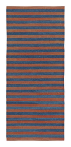 Rug & Kilim’s Indian Dhurrie Runner in Blue and Rust Geometric Stripes