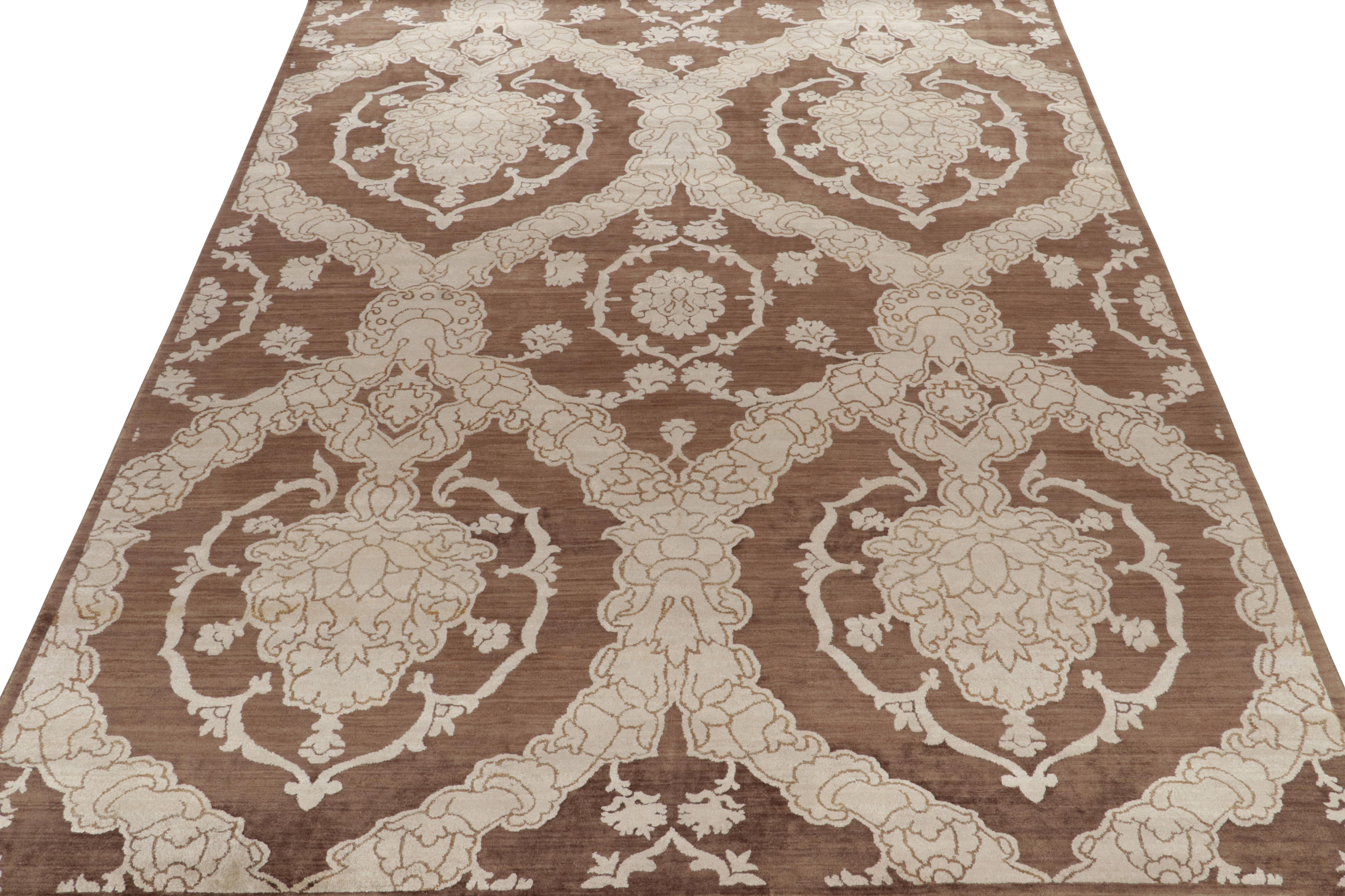 Indian Rug & Kilim’s Italian Style Rug in Brown with Off-White Floral Patterns For Sale