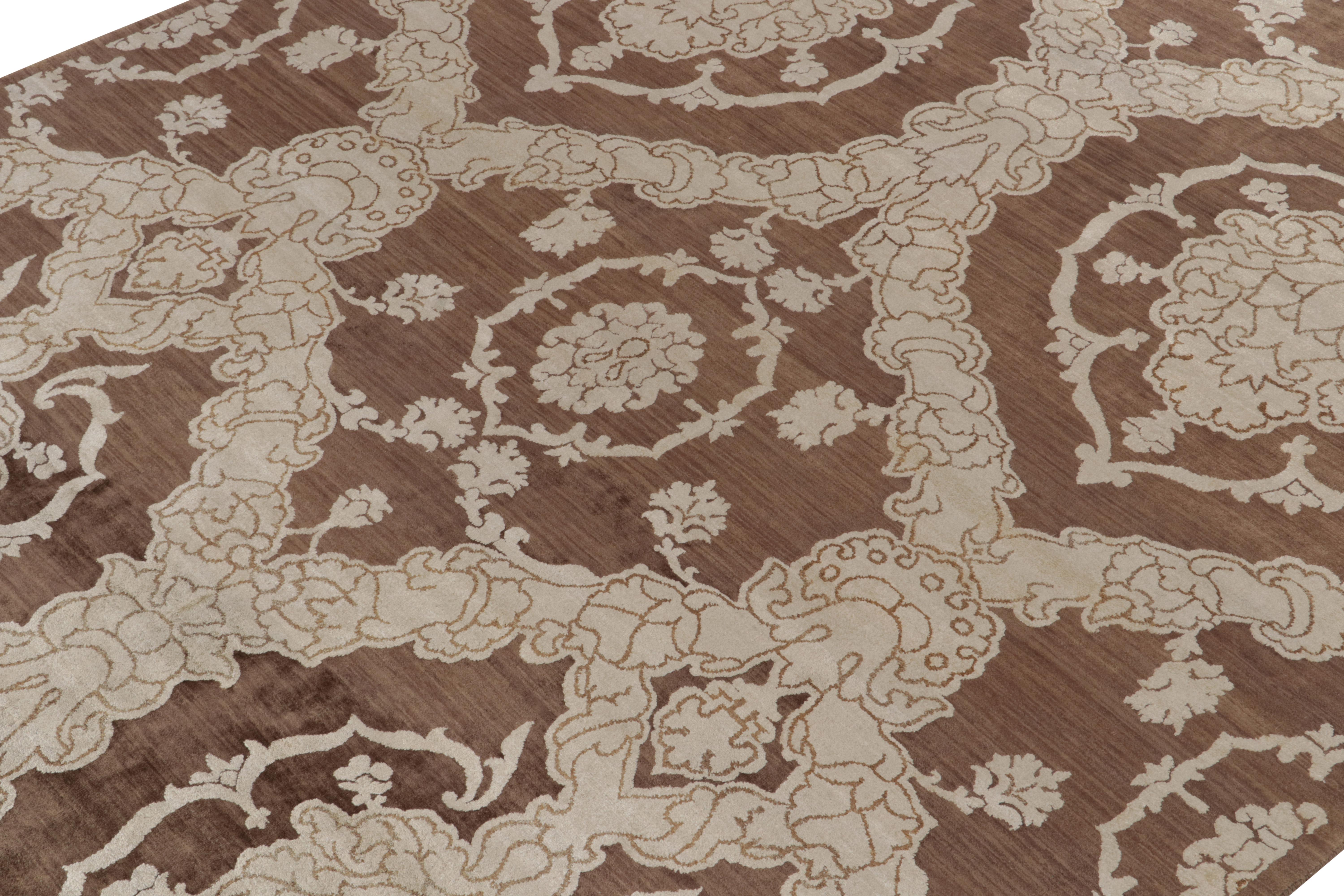 Hand-Knotted Rug & Kilim’s Italian Style Rug in Brown with Off-White Floral Patterns For Sale