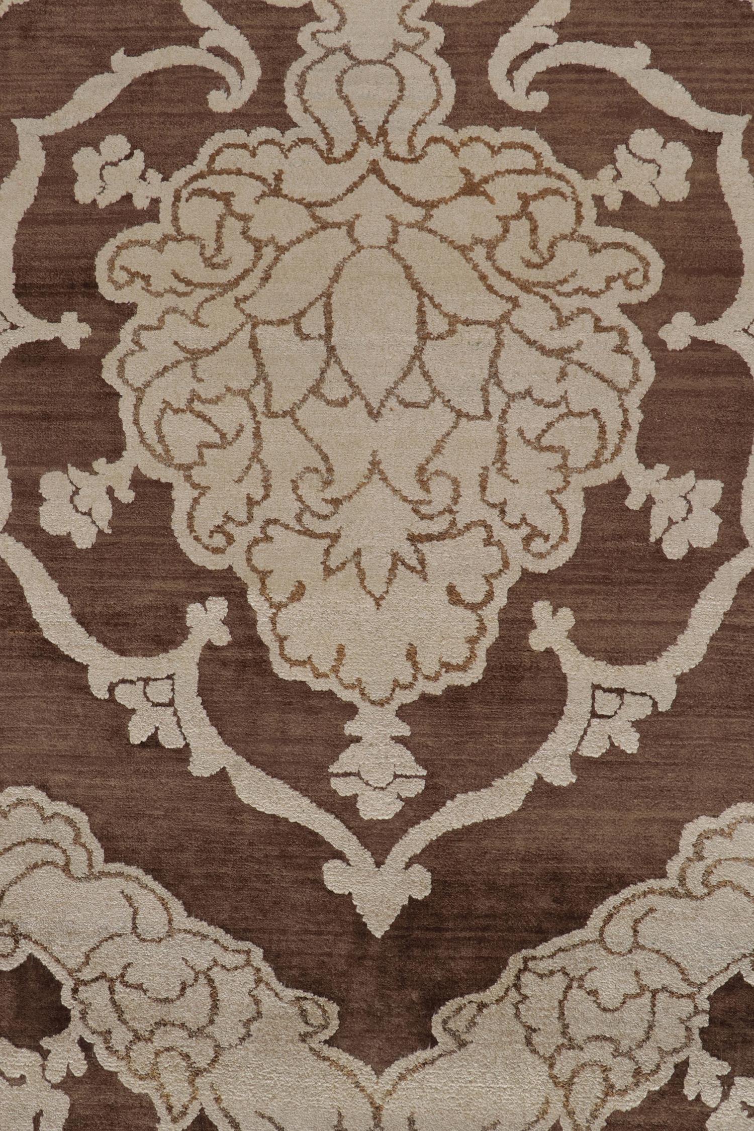 Contemporary Rug & Kilim’s Italian Style Rug in Brown with Off-White Floral Patterns For Sale