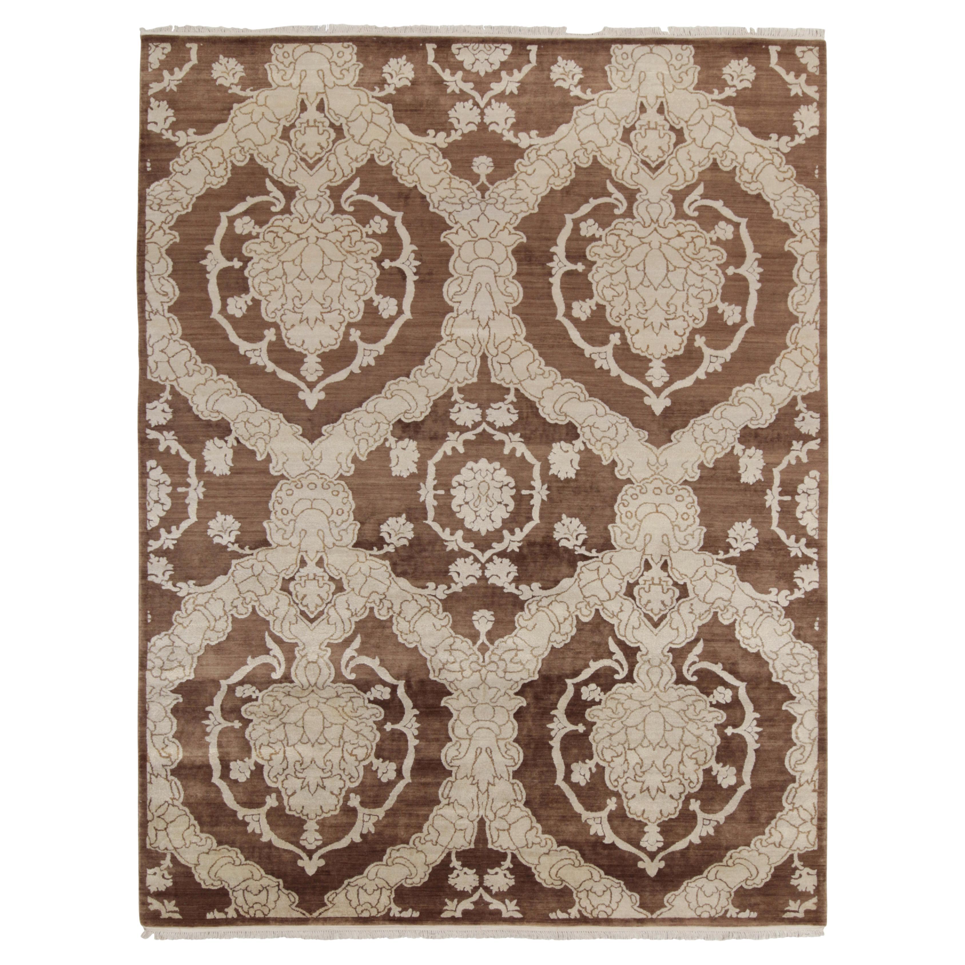 Rug & Kilim’s Italian Style Rug in Brown with Off-White Floral Patterns For Sale