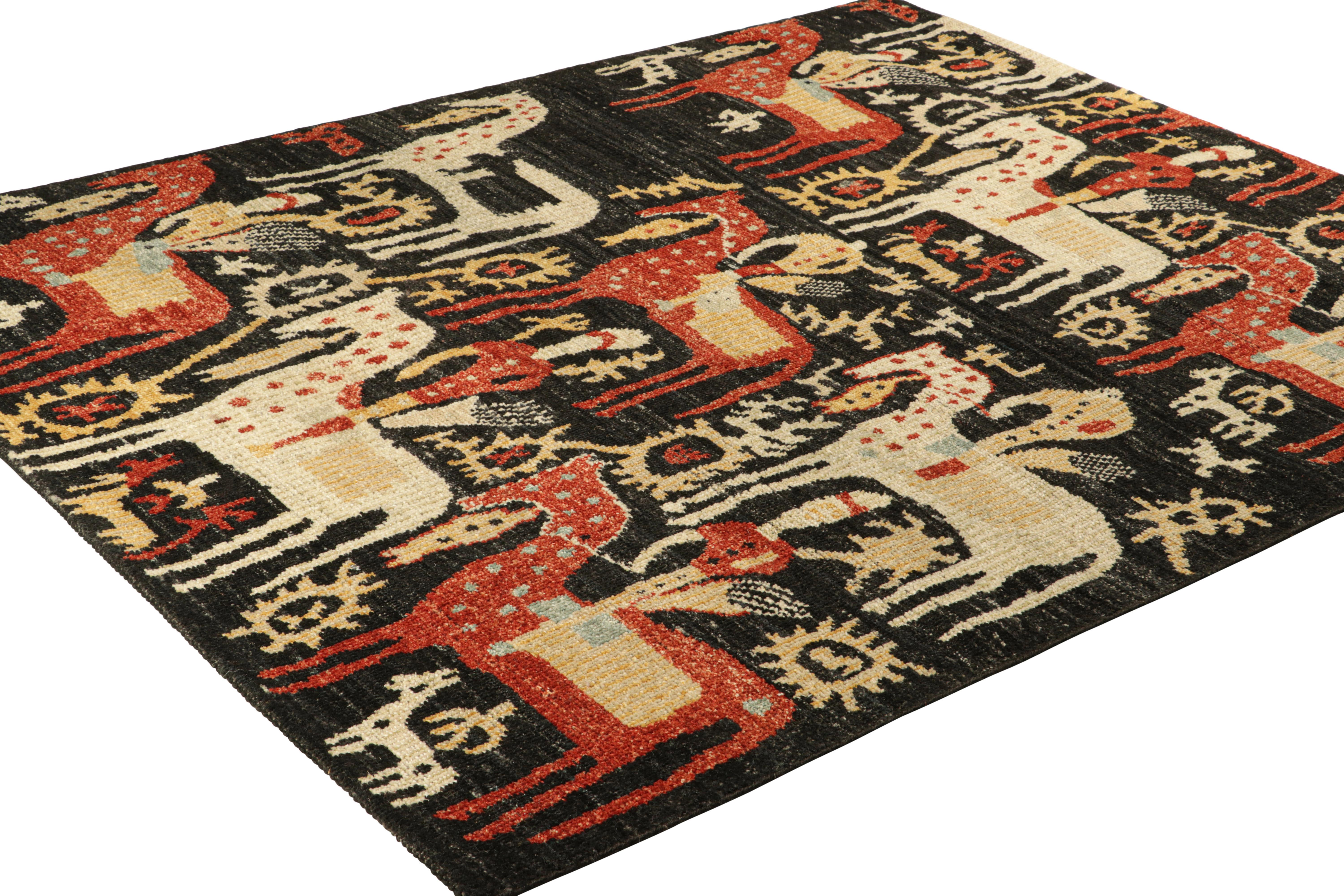 Indiano Rug & Kilim: Tappeto in stile Kaitag in nero con immagini di cavalli e cavalieri in vendita