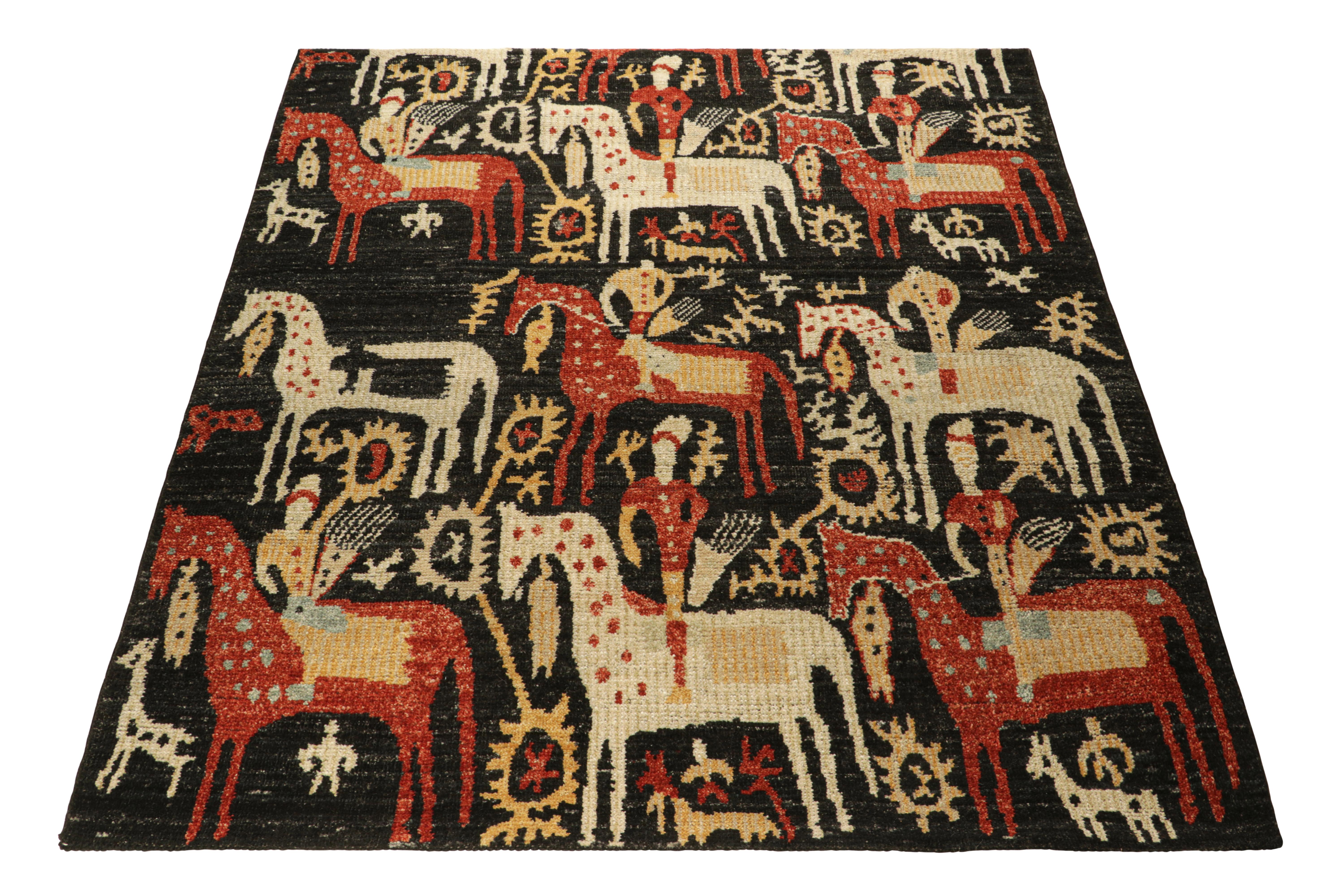 Noué à la main Rug & Kilim's Kaitag Style Rug in Black with Horse and Rider Pictorials (tapis de style Kaitag en noir avec des images de chevaux et de cavaliers) en vente