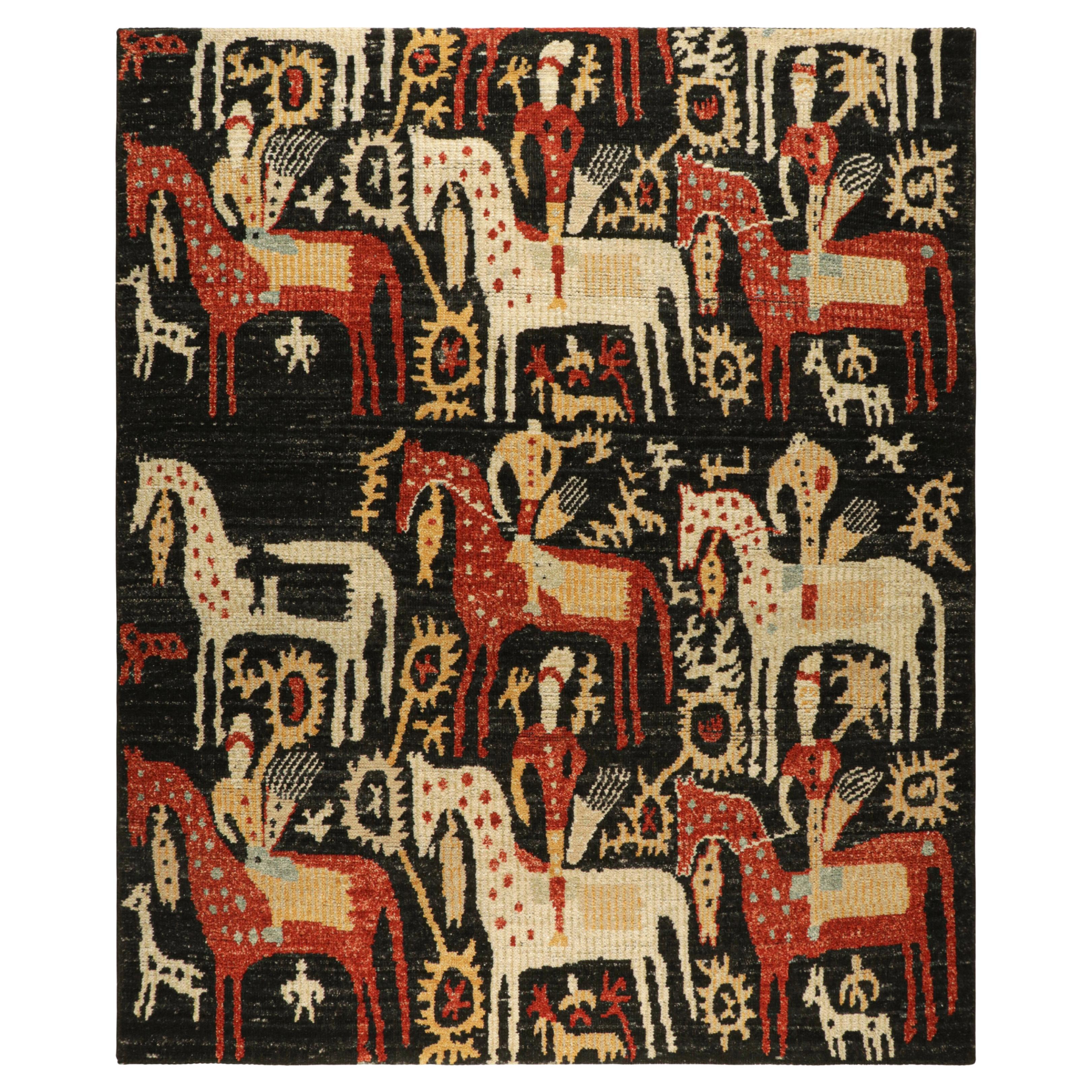 Rug & Kilim's Kaitag Style Rug in Black with Horse and Rider Pictorials (tapis de style Kaitag en noir avec des images de chevaux et de cavaliers) en vente