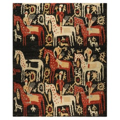 Rug & Kilim's Kaitag Style Rug in Black with Horse and Rider Pictorials (tapis de style Kaitag en noir avec des images de chevaux et de cavaliers)