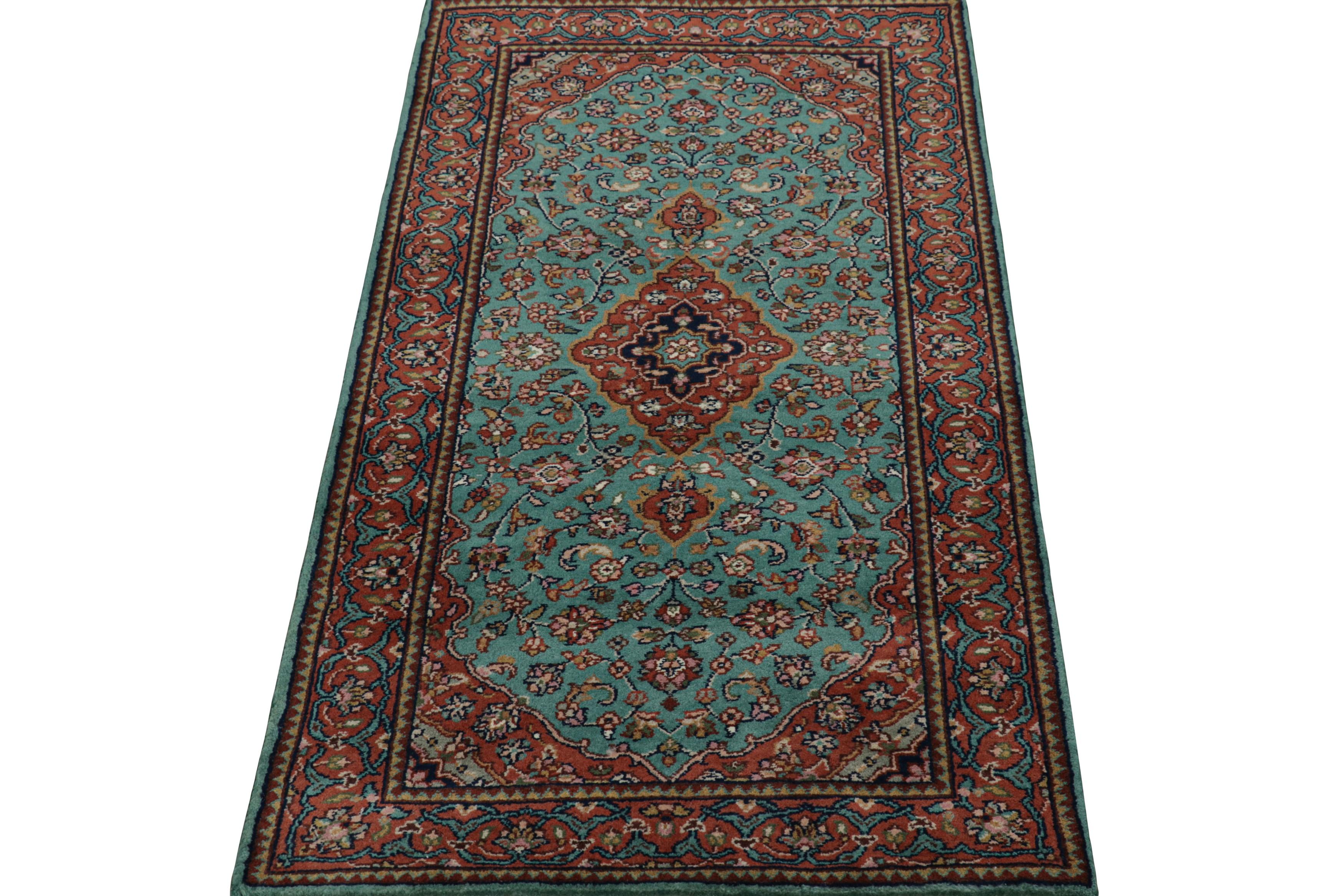 Hand-Knotted Rug & Kilim’s Kashan Style Runner Rug in Red and Blue with Geometric Patterns For Sale