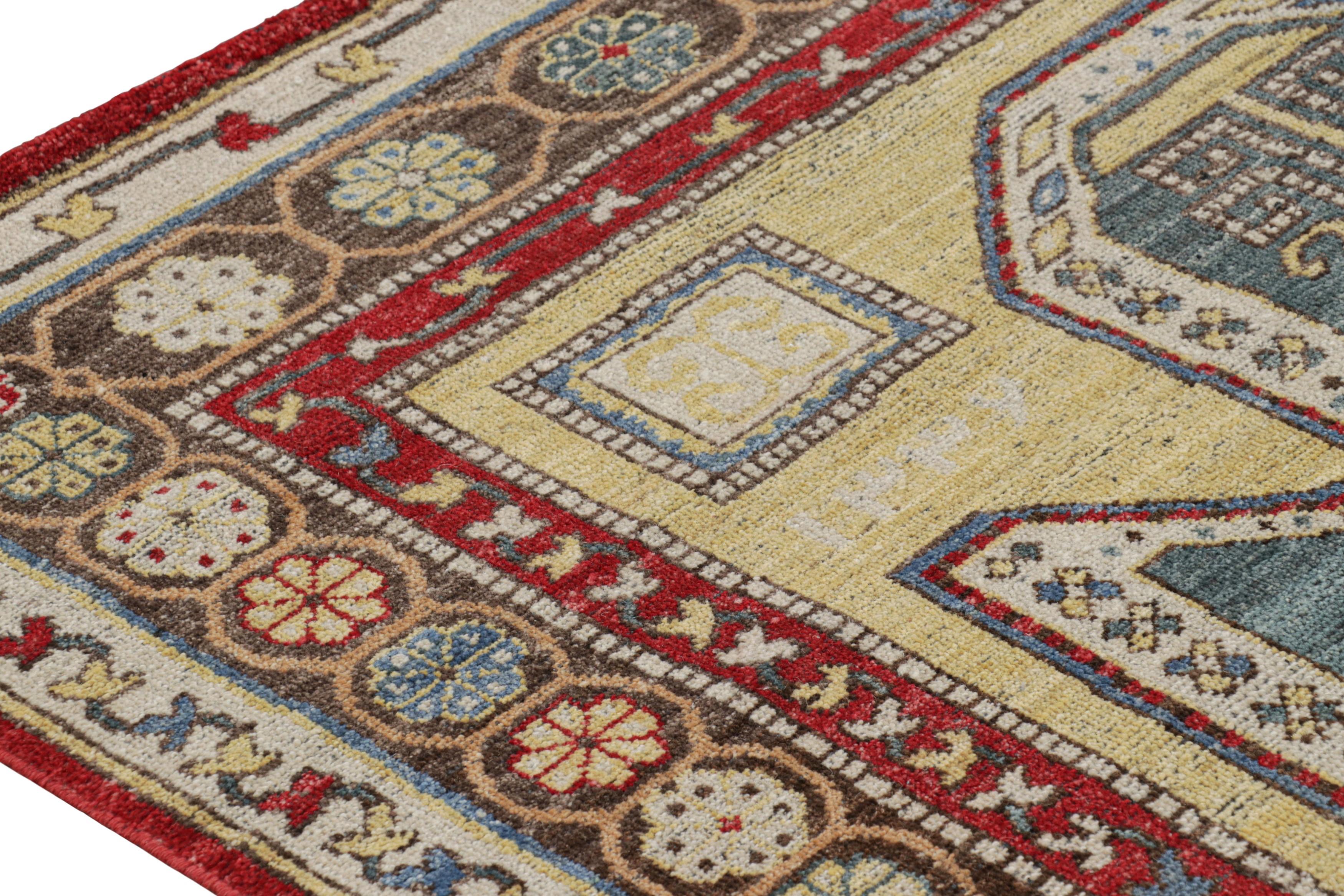 Indian Rug & Kilim’s Kazak Style Rug in Beige and Blue with Geometric Medallion For Sale
