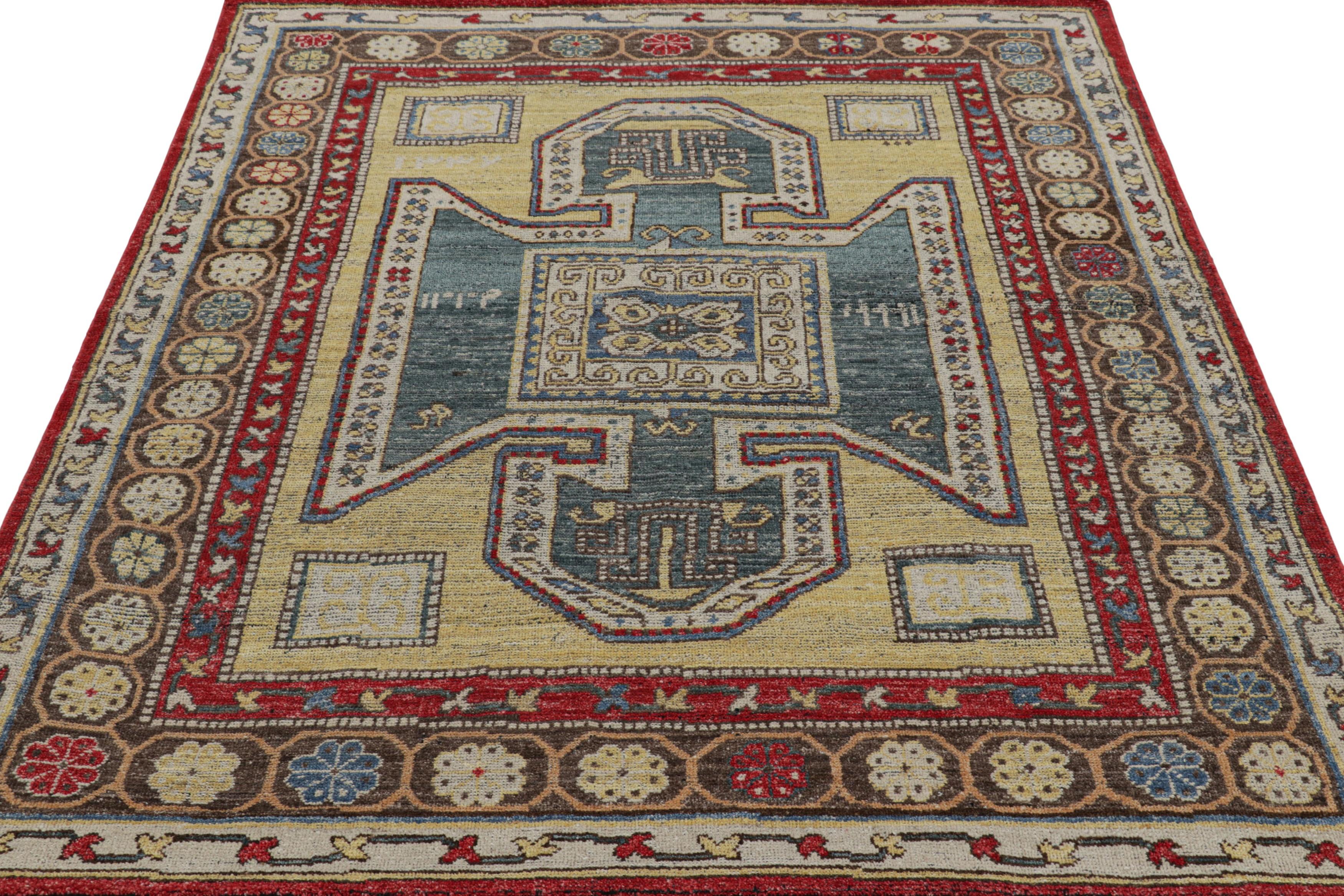 Hand-Knotted Rug & Kilim’s Kazak Style Rug in Beige and Blue with Geometric Medallion For Sale