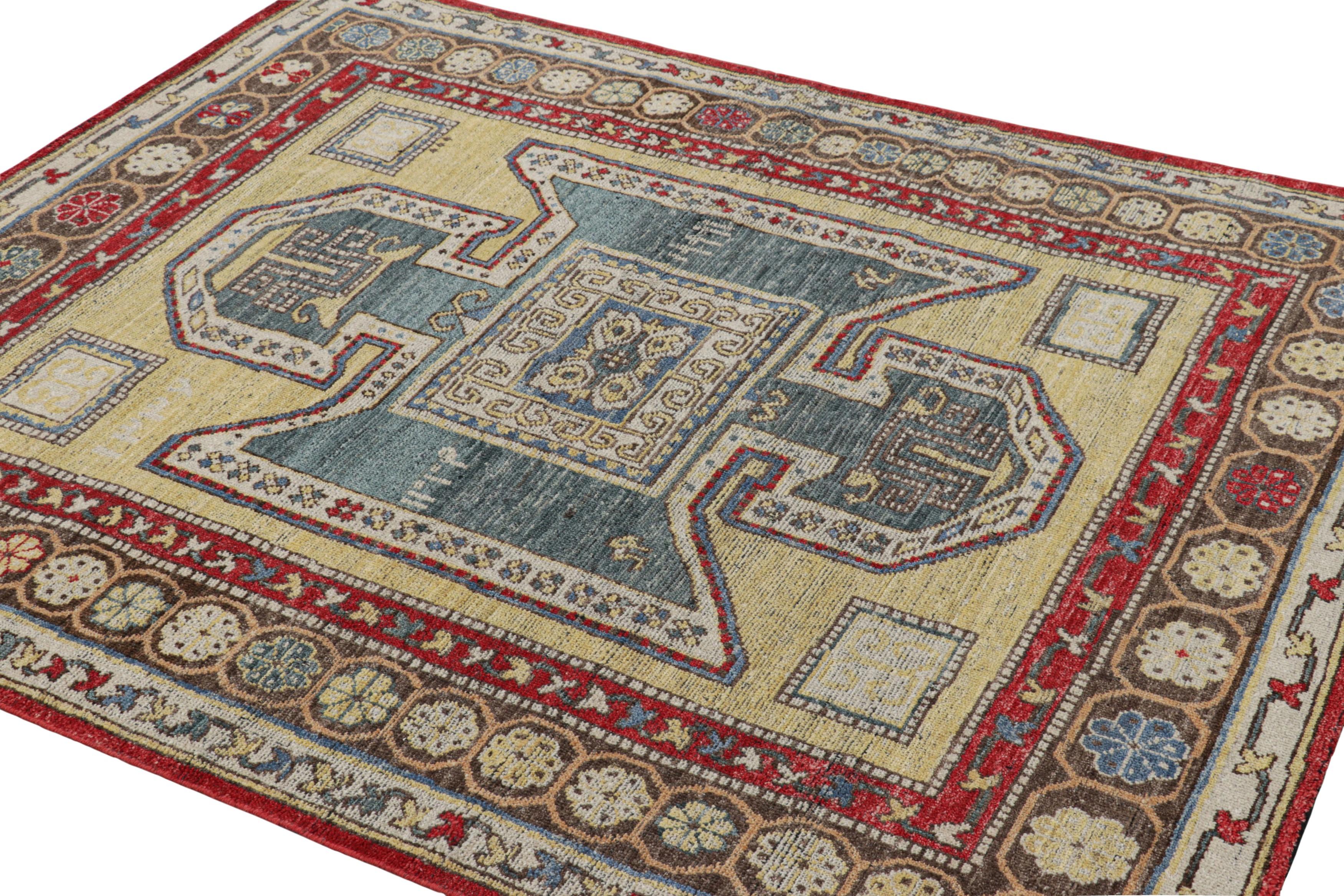 Rug & Kilim’s Kazak Style Rug in Beige and Blue with Geometric Medallion In New Condition For Sale In Long Island City, NY